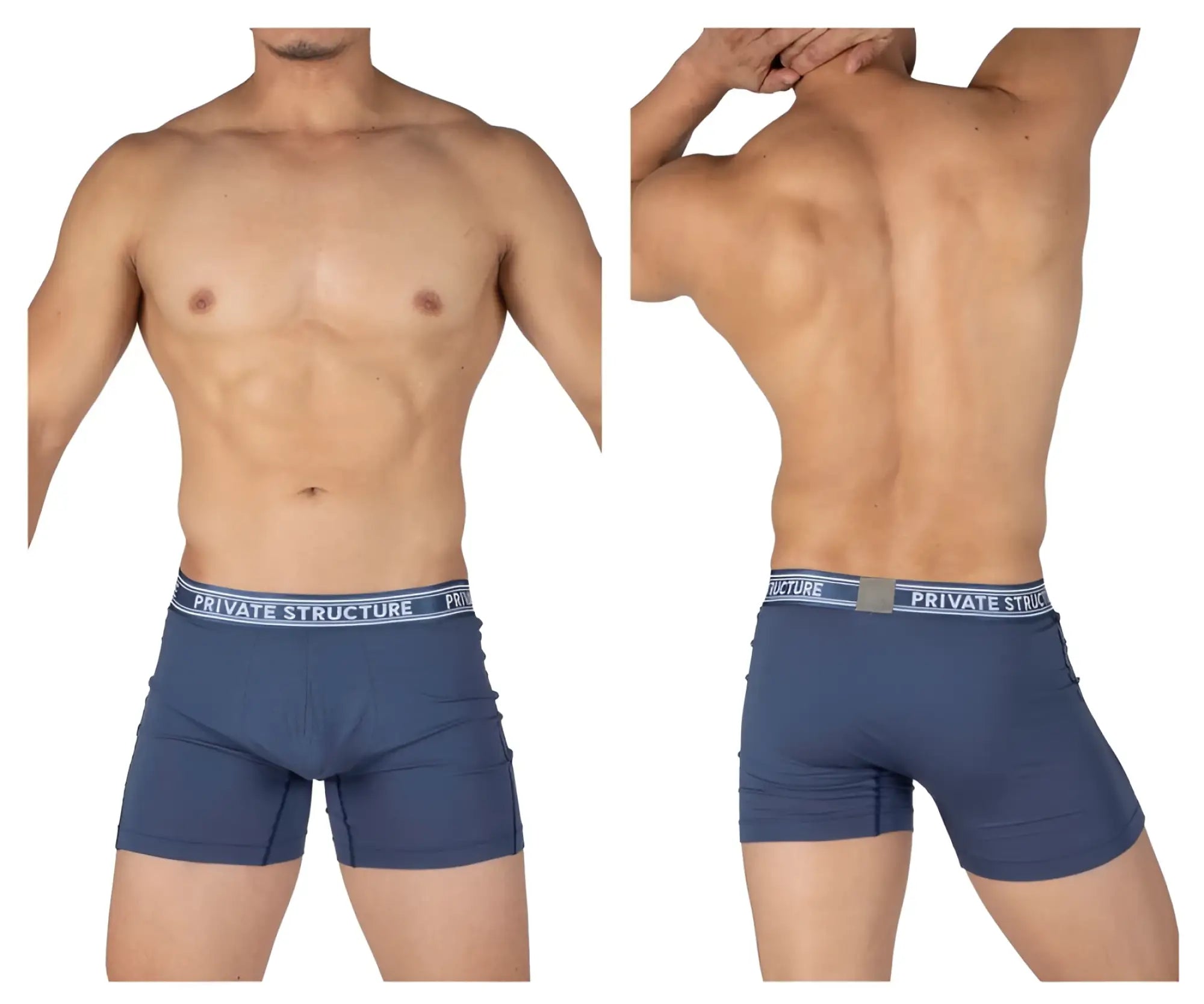 Navy blue men’s bamboo mid waist boxer briefs with white and gray private structure waistband color citadel blue