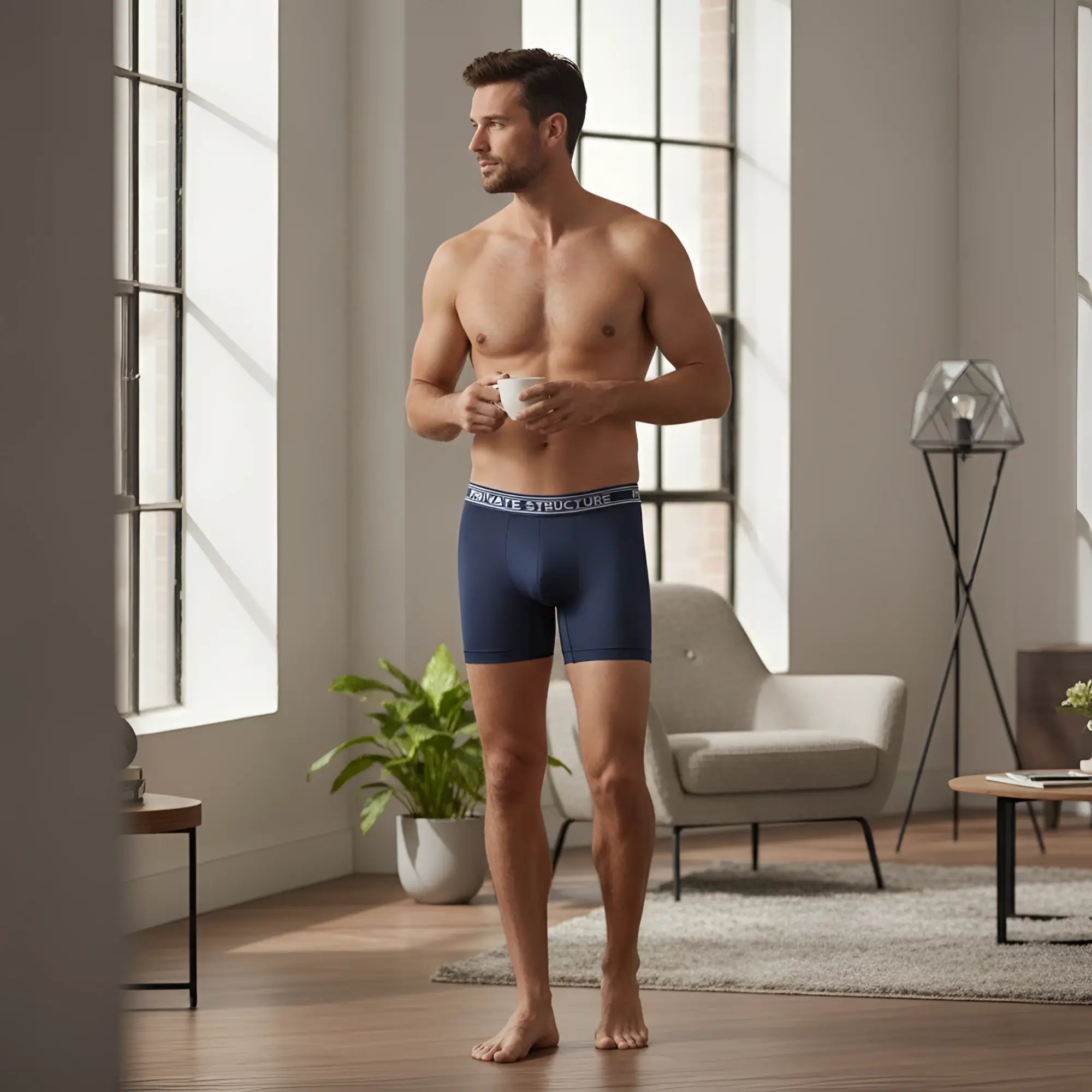 Private Structure PBUT4380 bamboo mid waist boxer briefs in citadel blue with gray waistband and white logo lettering