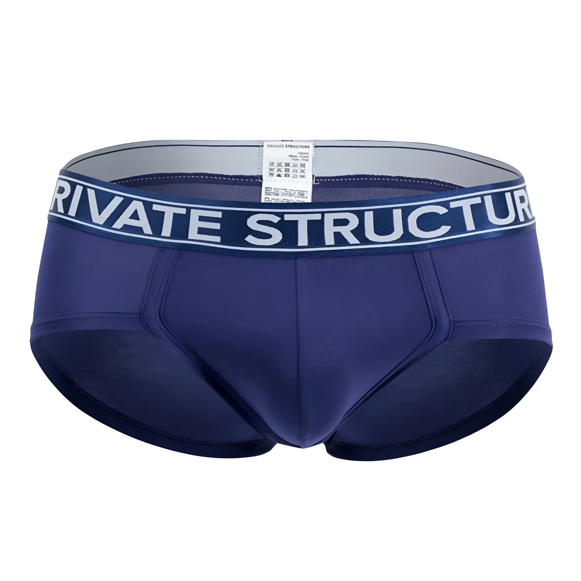 Navy blue private structure platinum bamboo men’s briefs with white waistband midnight navy color front side view