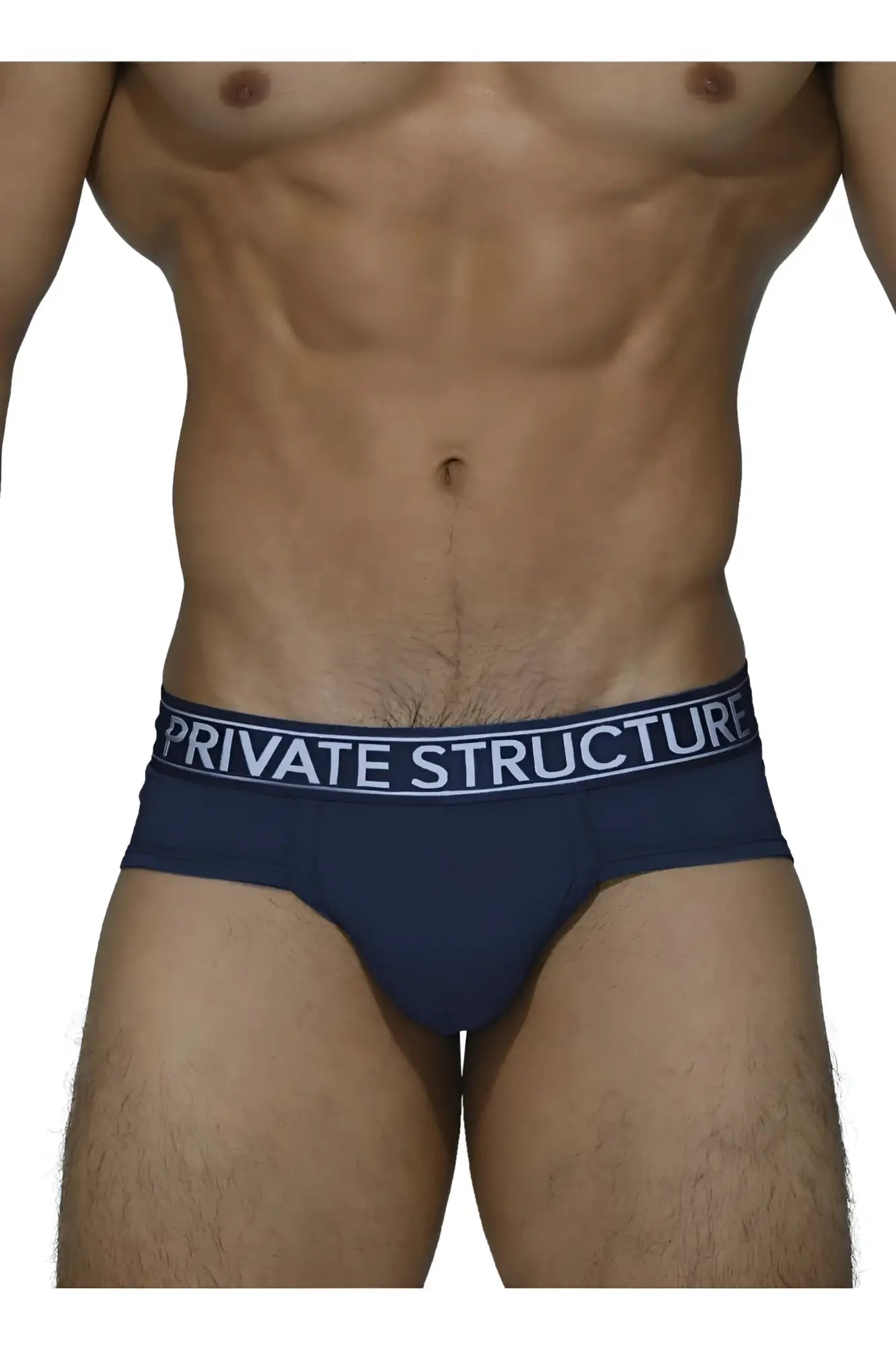 Navy blue men’s briefs with a white Private Structure waistband made from bamboo fabric for comfort
