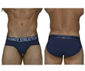Navy blue private structure platinum bamboo briefs with white branding waistband and metallic logo patch at back