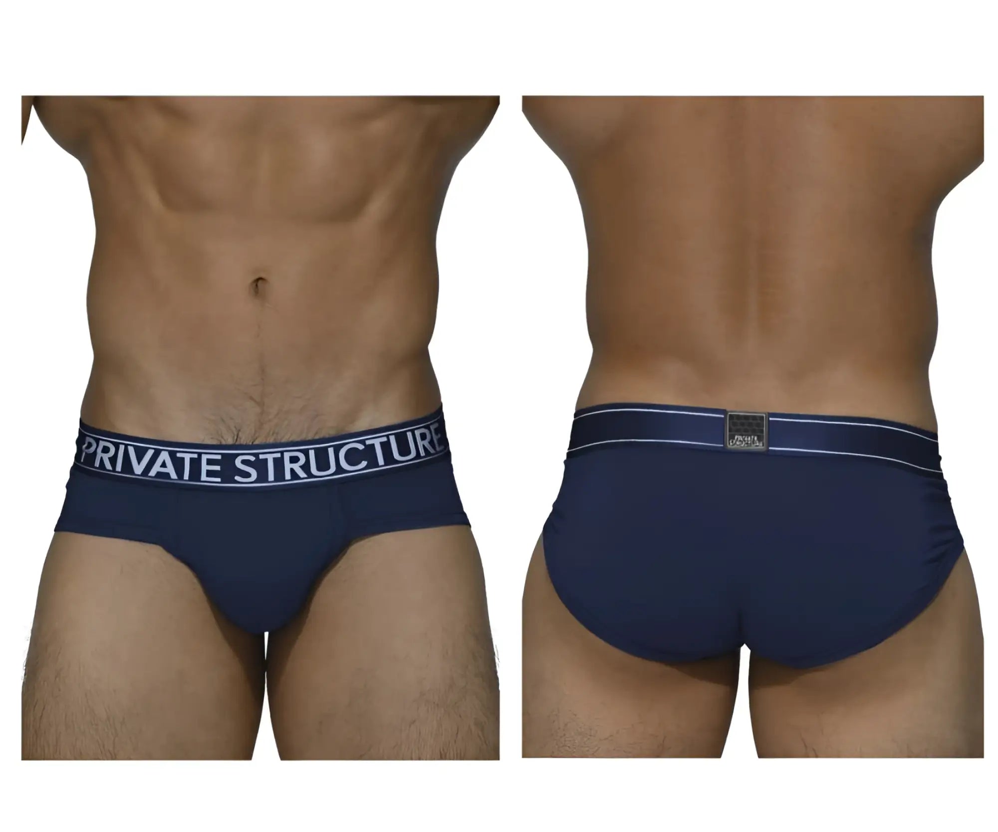 Navy blue private structure platinum bamboo briefs with white branding waistband and metallic logo patch at back