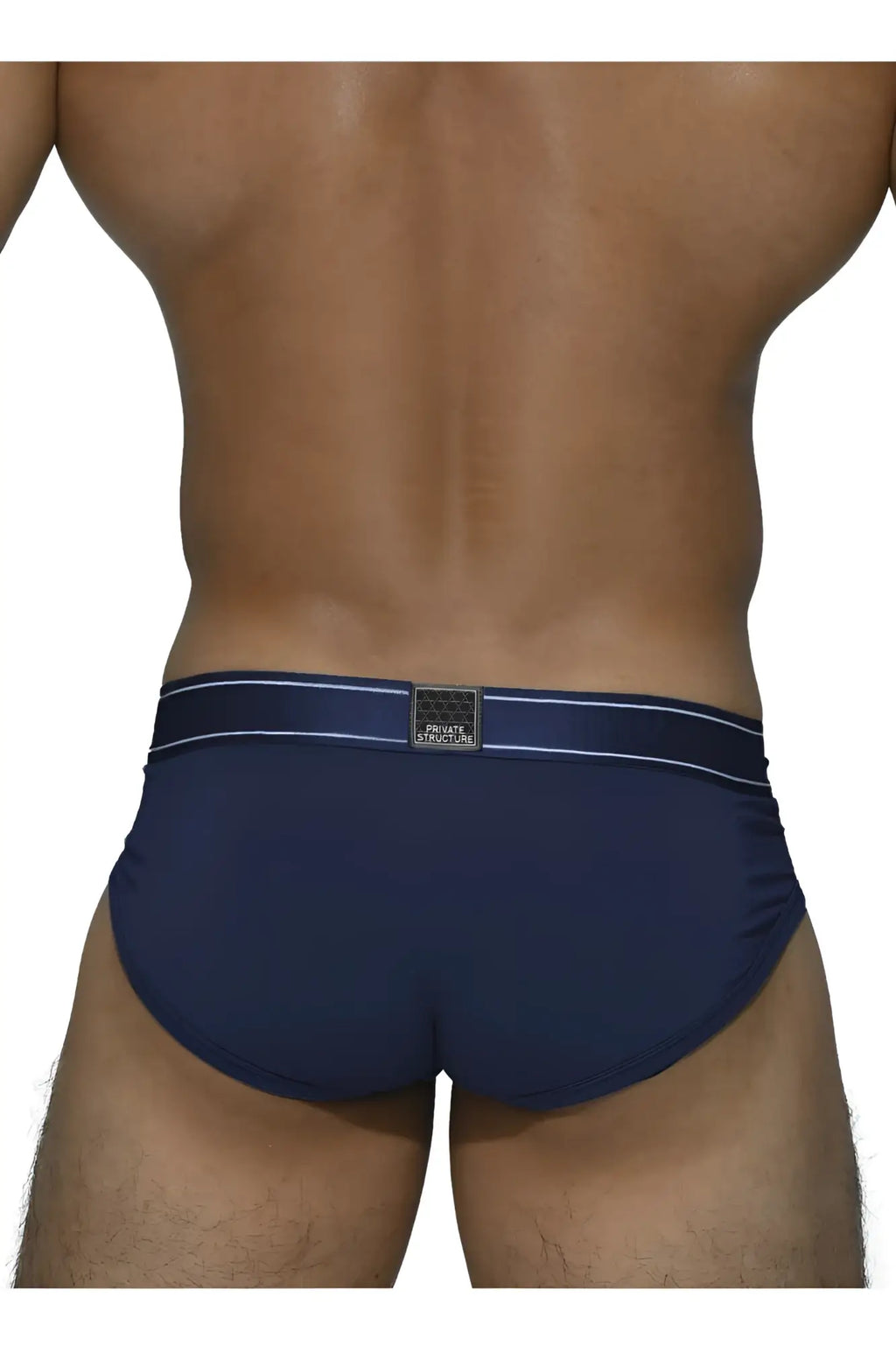 Navy blue Private Structure Platinum Bamboo briefs with white trim and black brand label on waistband in midnight navy color