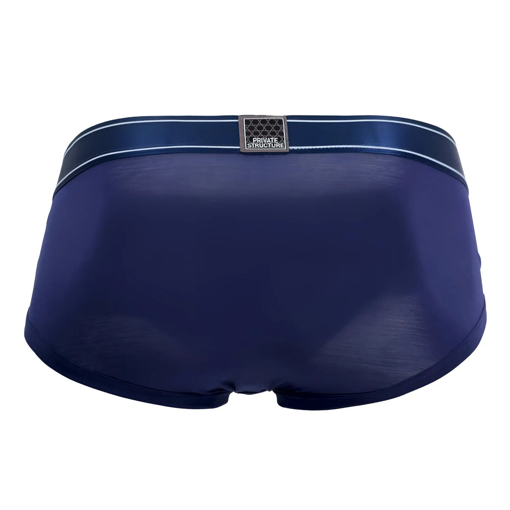 Deep navy blue private structure platinum bamboo men’s briefs with satin waistband white stripes and metallic brand patch