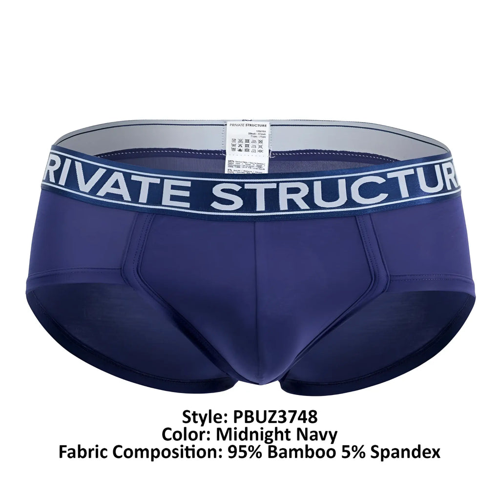 Midnight navy men’s briefs with white Private Structure waistband made from 95% bamboo and 5% spandex