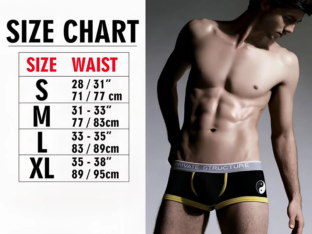 Black briefs with yellow trim and white yin yang on front gray waistband with private structure text in blush color
