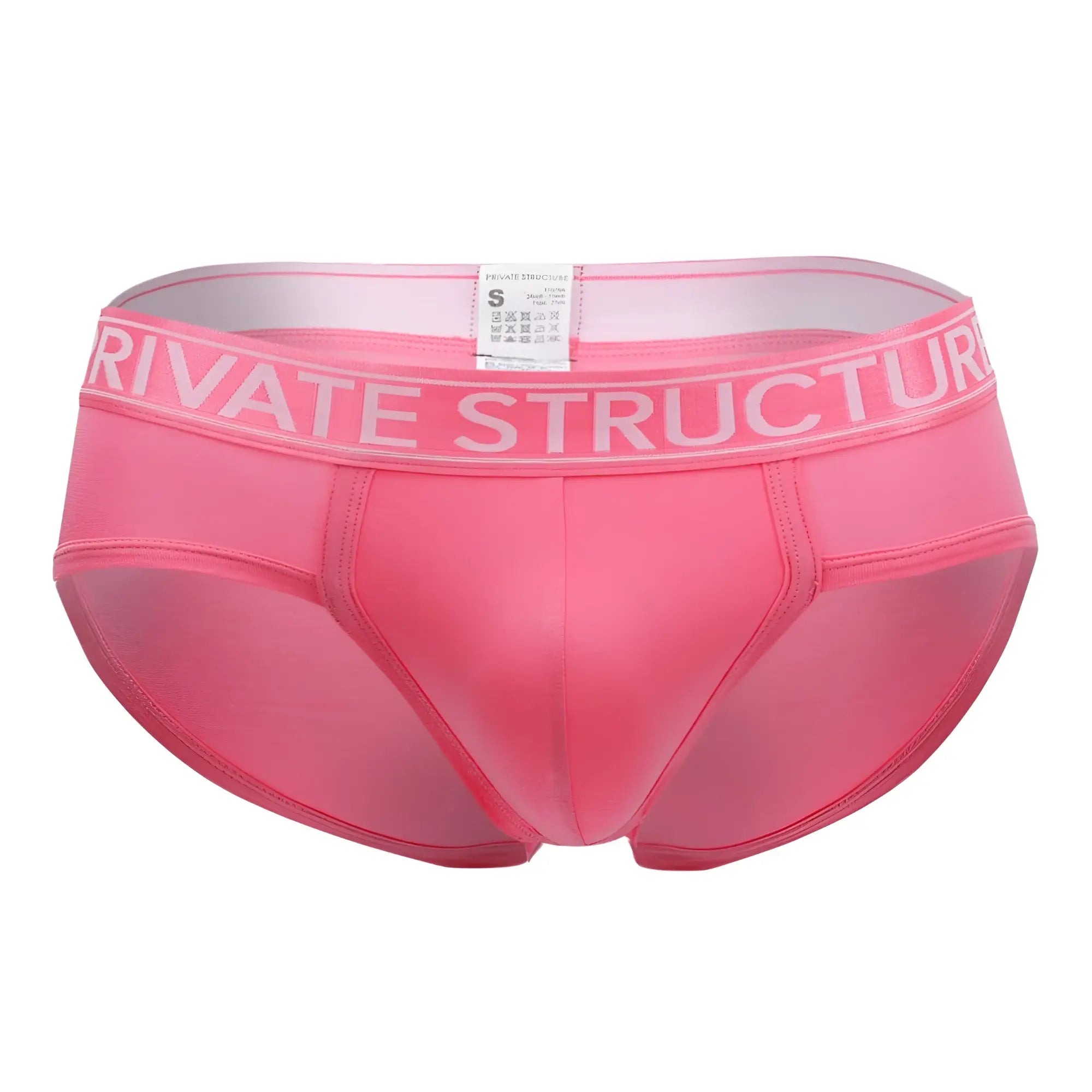Pink men’s briefs with white private structure waistband made from platinum bamboo for comfortable contour fit