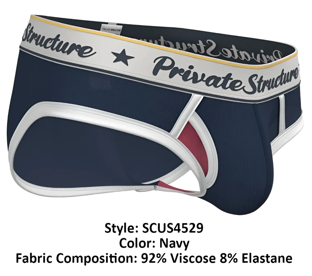 Navy blue private structure classic mid waist mini briefs with white and red trim and branded waistband