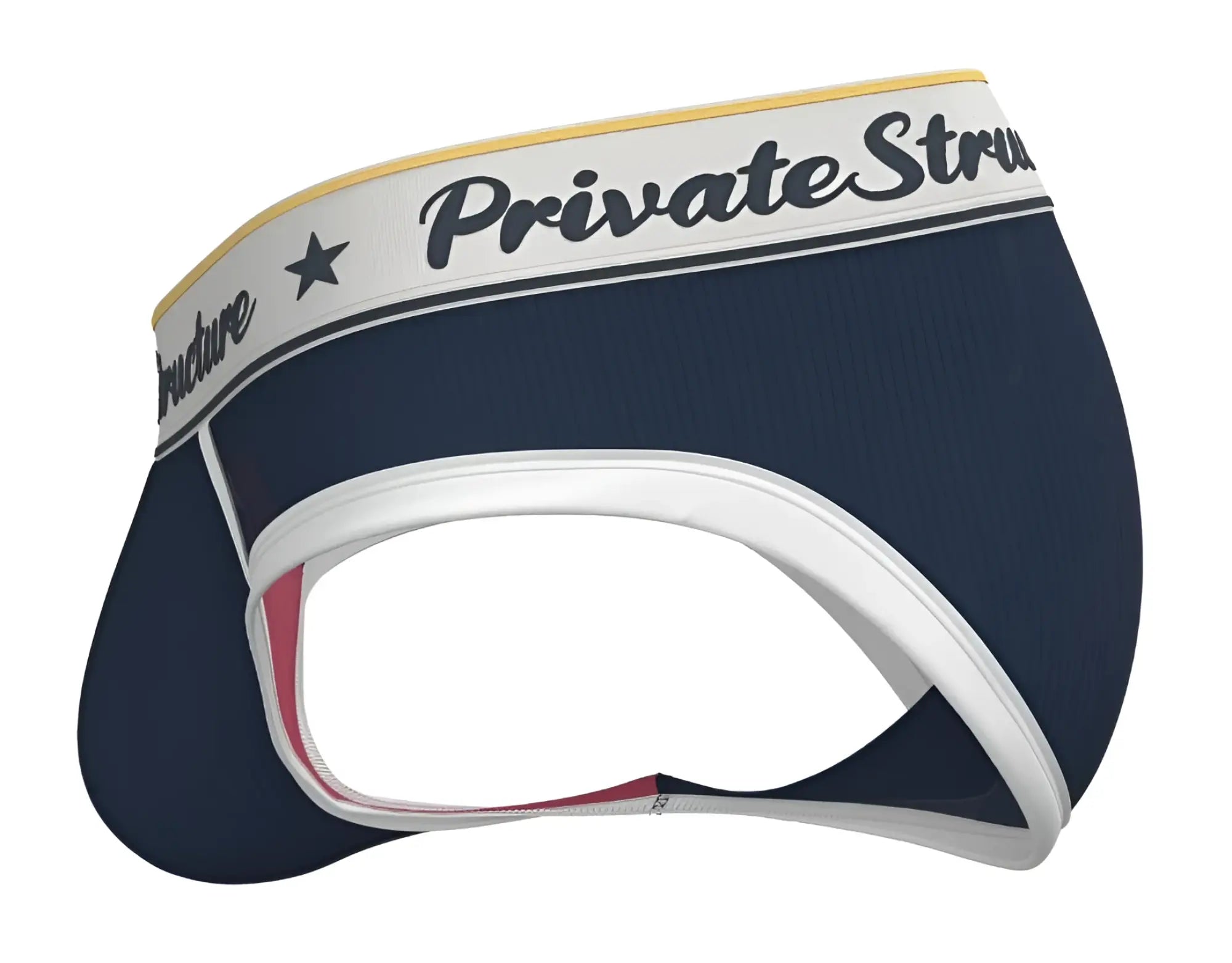 Navy blue mid waist men’s briefs with white trim and private structure branded waistband in breathable fabric