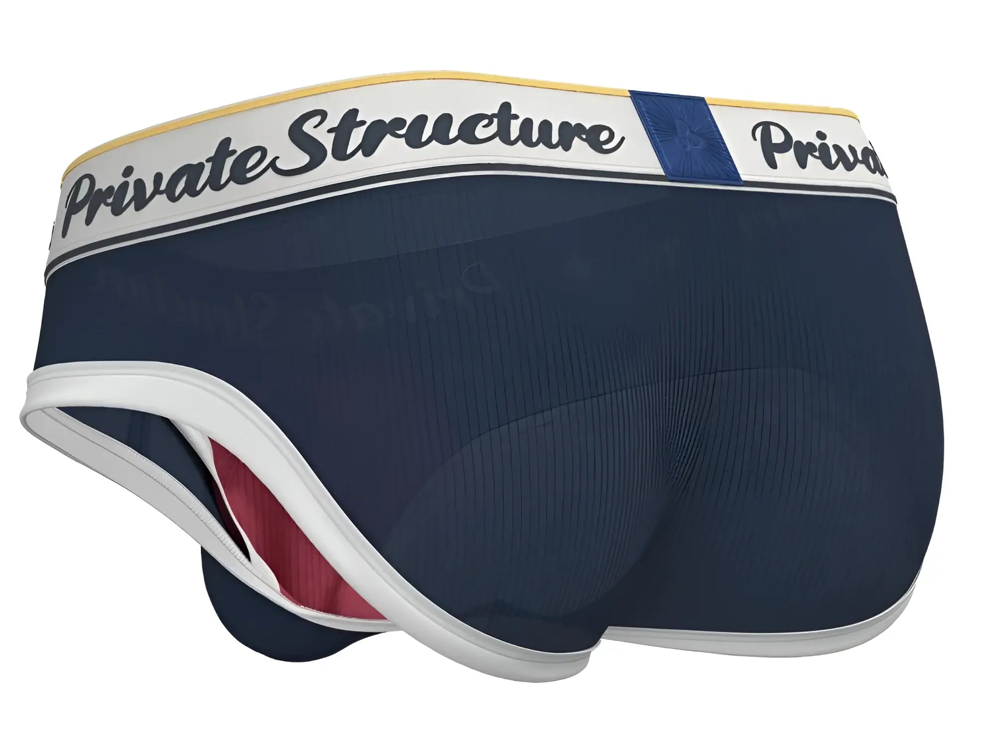 Navy blue private structure classic mid waist men’s briefs with white trim and branded waistband in cotton blend