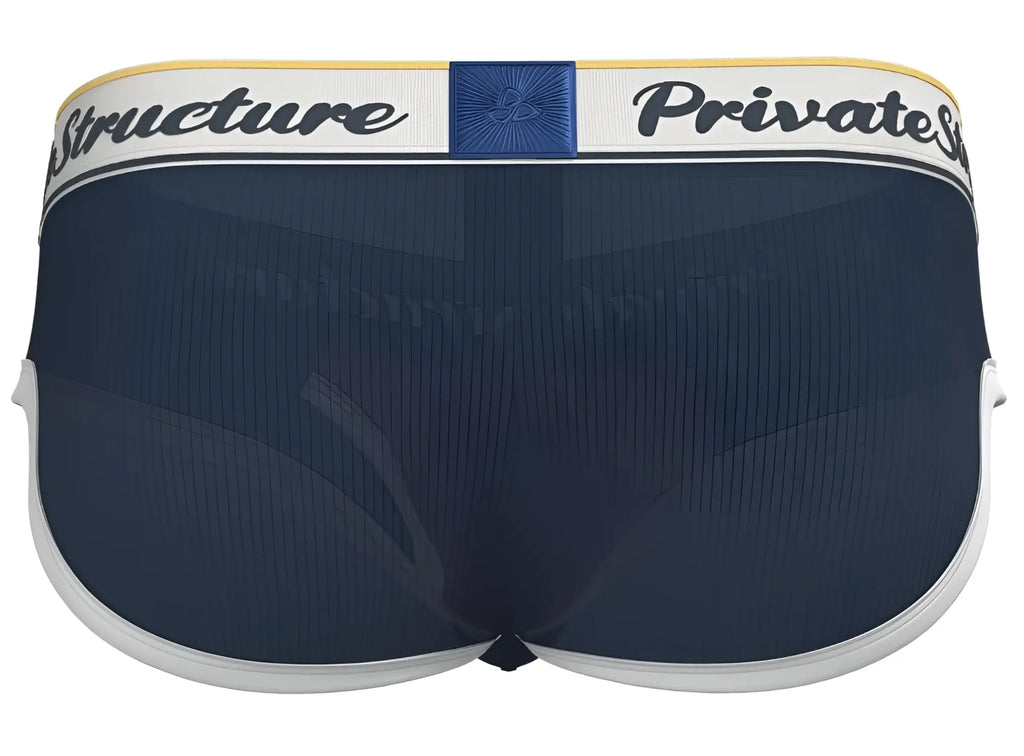 Navy blue mesh mid waist mini briefs with white trim and a branded waistband from Private Structure
