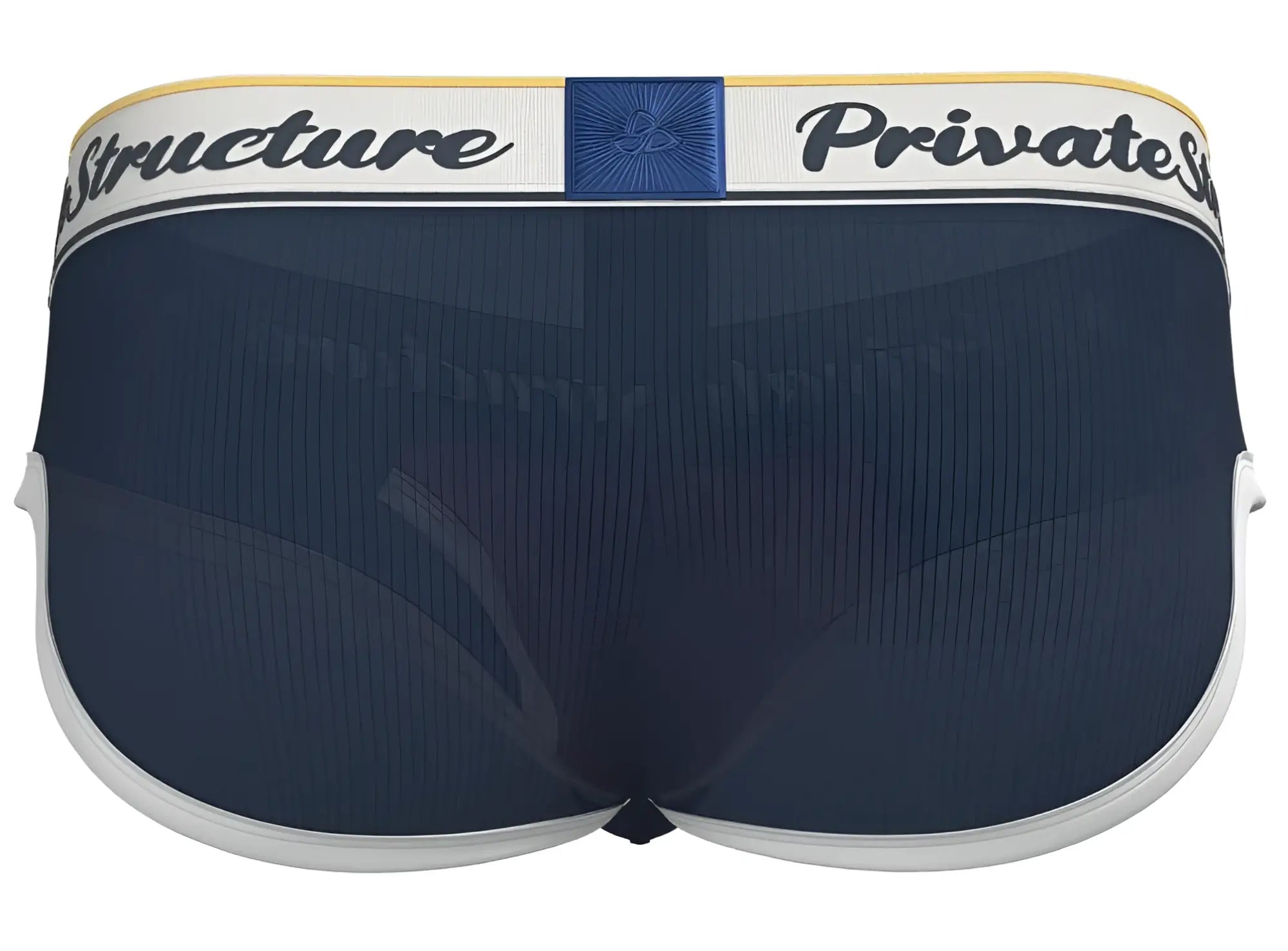 Navy blue mesh mid waist mini briefs with white trim and a branded waistband from Private Structure