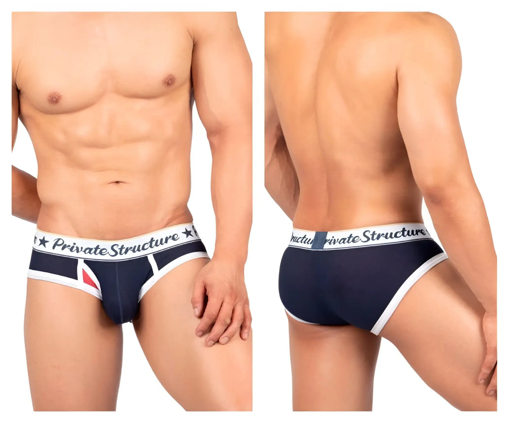 Navy blue and white private structure classic mid waist men’s briefs with branded waistband for everyday comfort