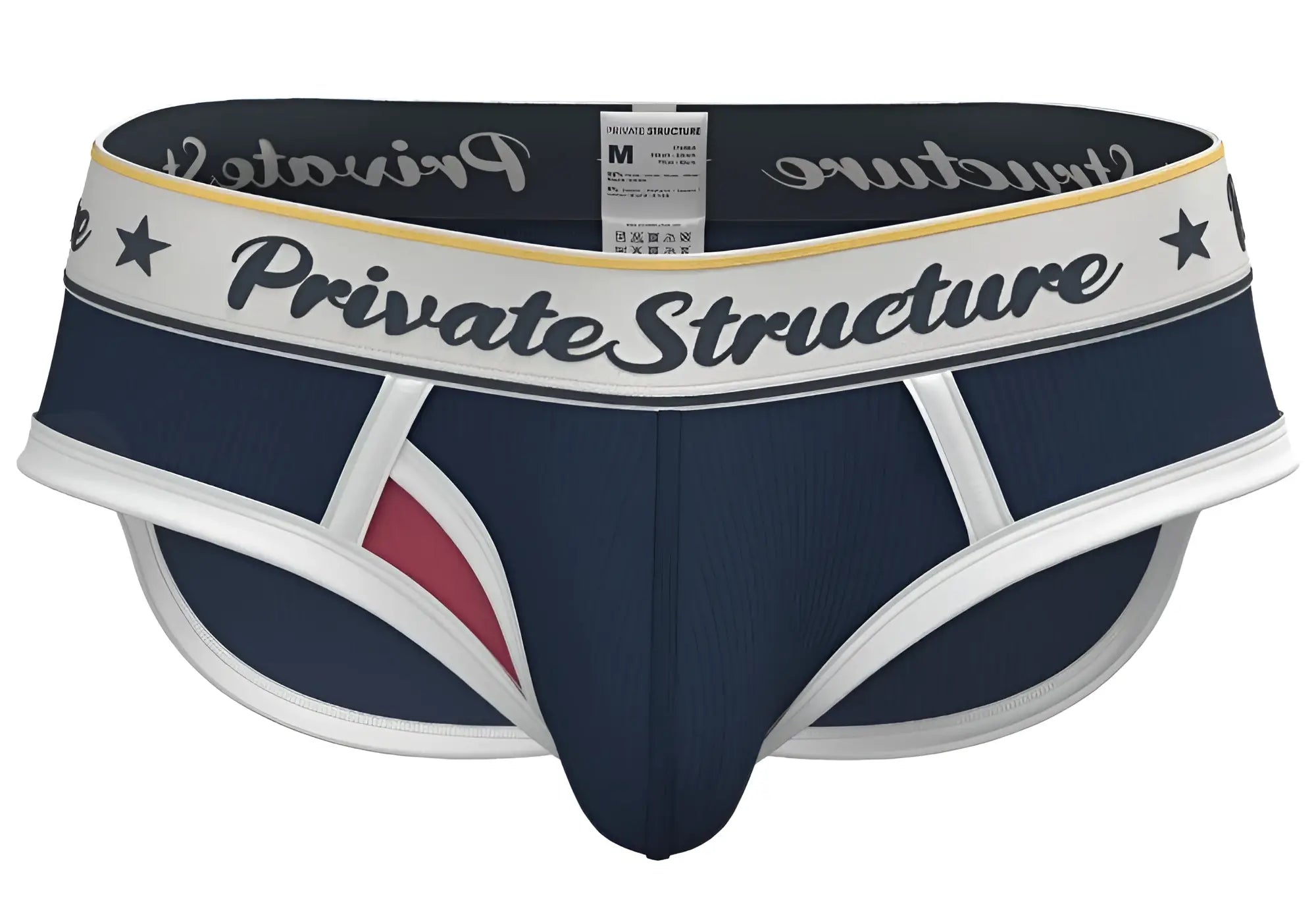 Navy and white private structure classic mid waist mini briefs with red accent and black script waistband