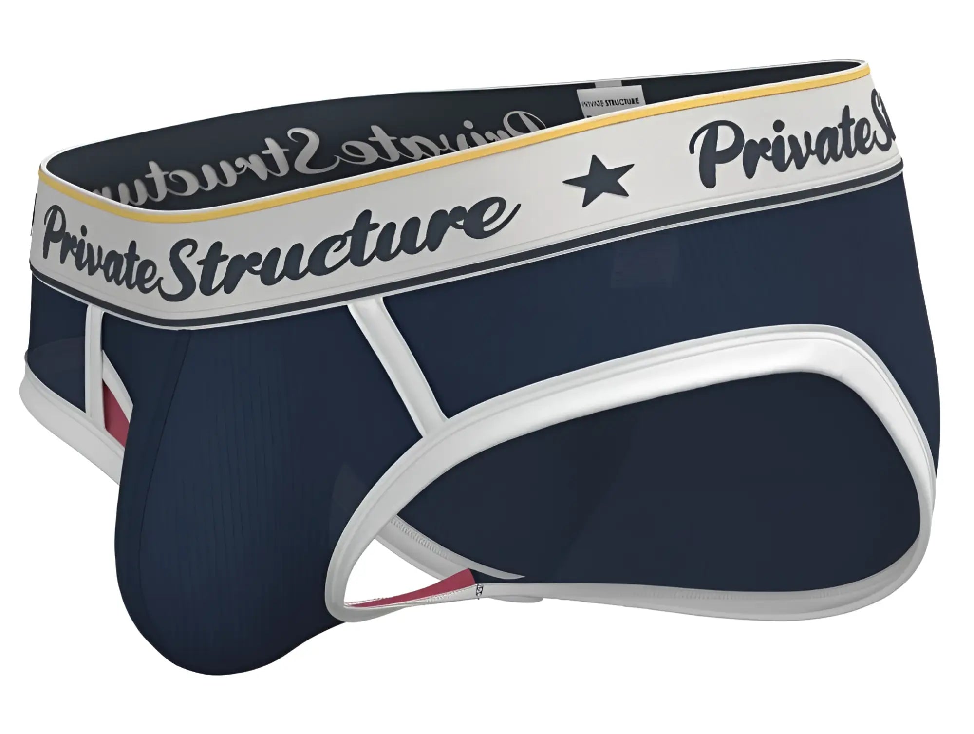 Navy blue and white private structure classic mid waist mini brief with branded waistband in black script