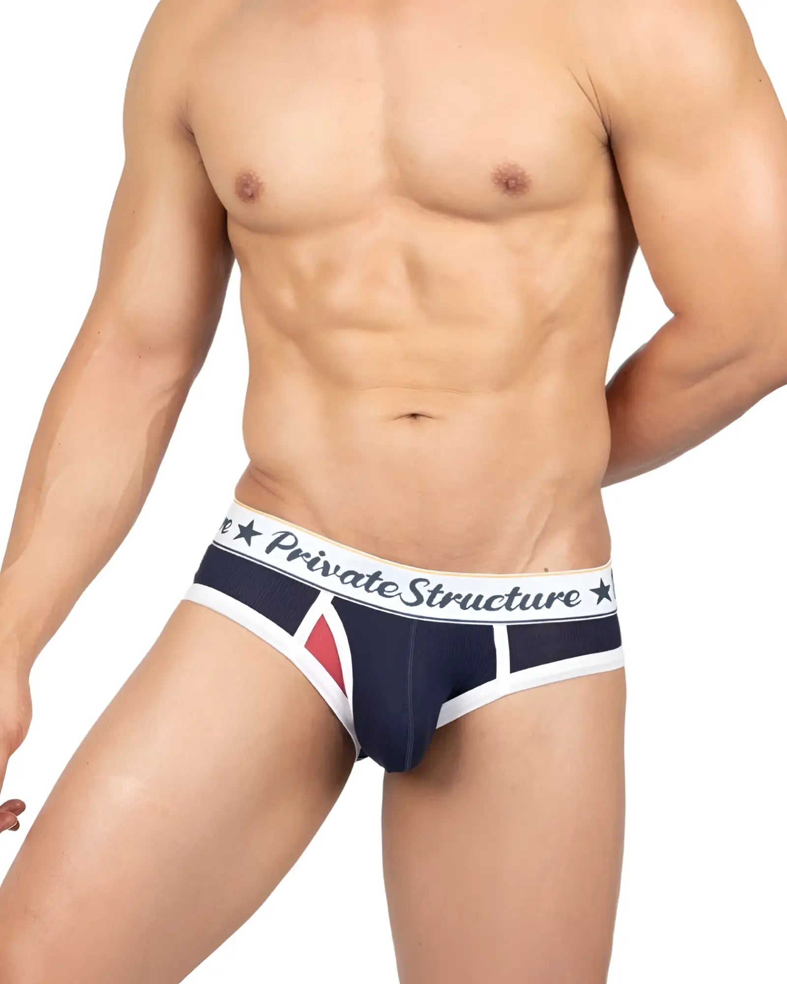 Navy blue and white men’s briefs with red triangular accent and private structure branding on the waistband