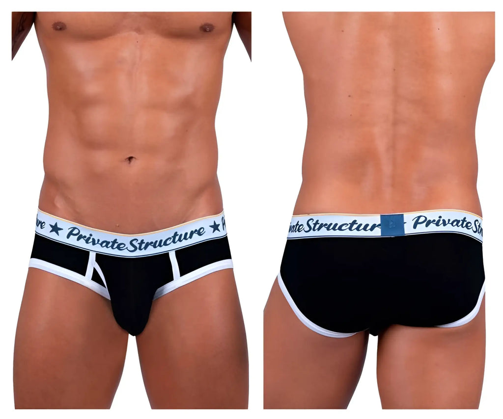 Black private structure classic mid waist mini briefs with white trim and logo waistband in cotton blend fabric