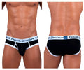 Black private structure classic mid waist mini briefs with white trim and logo waistband in cotton blend fabric