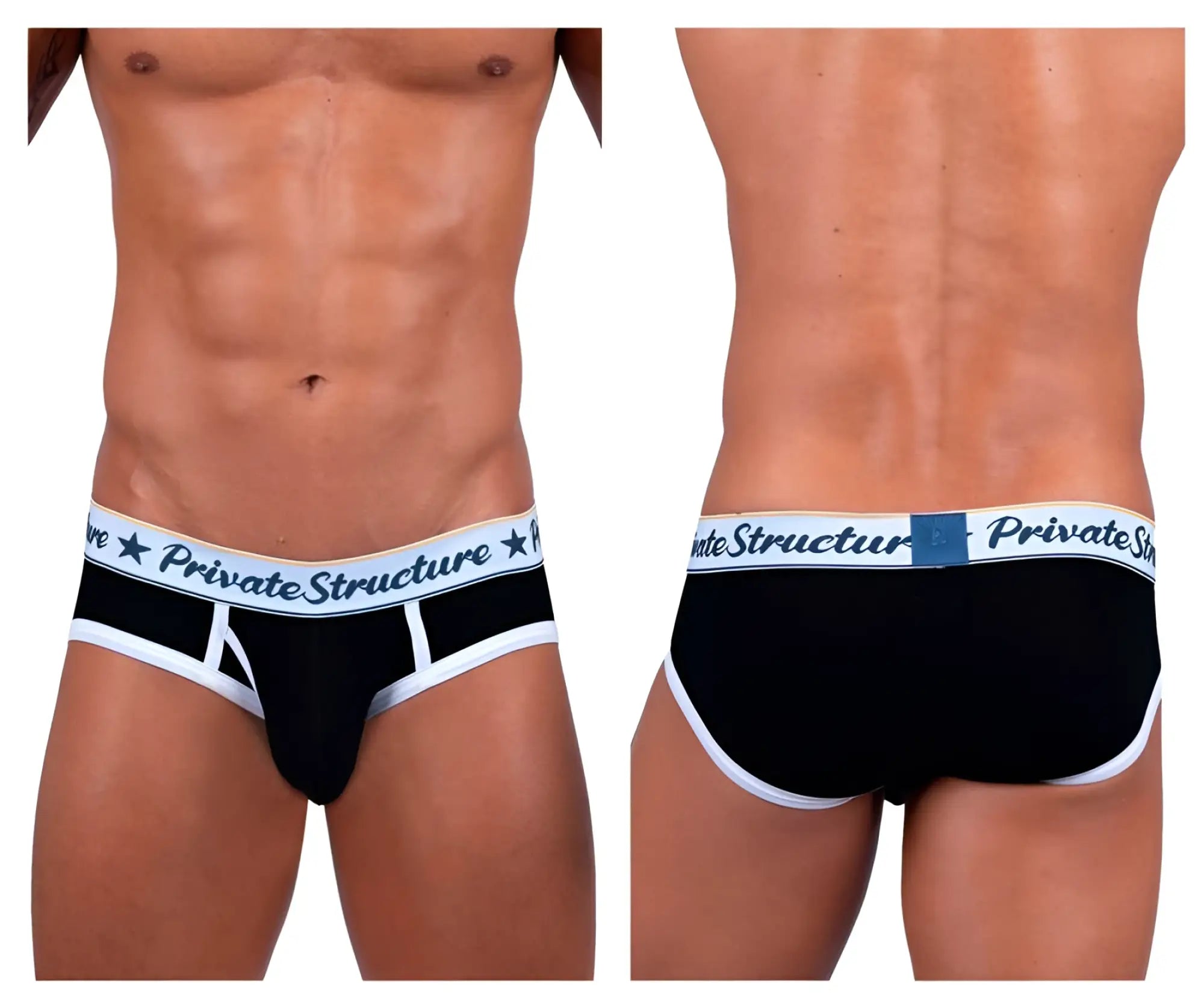 Black private structure classic mid waist mini briefs with white trim and logo waistband in cotton blend fabric