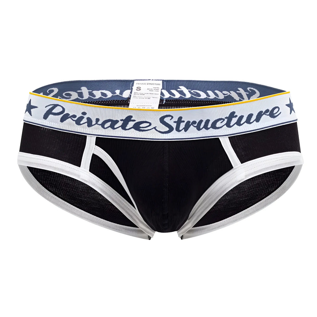 Black men’s briefs with white trim and navy blue waistband featuring private structure logo in dark gray script