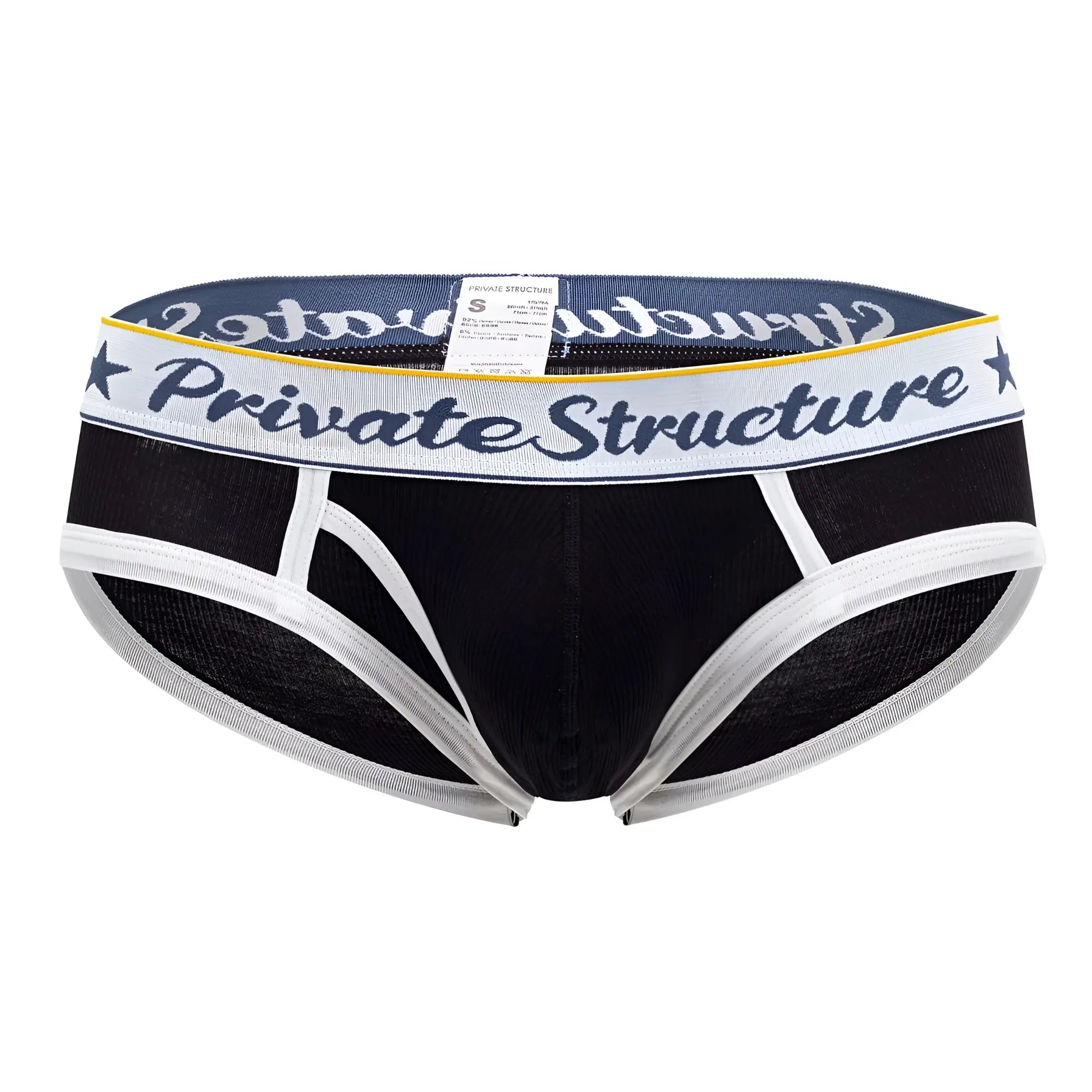 Black men’s briefs with white trim and navy blue waistband featuring private structure logo in dark gray script