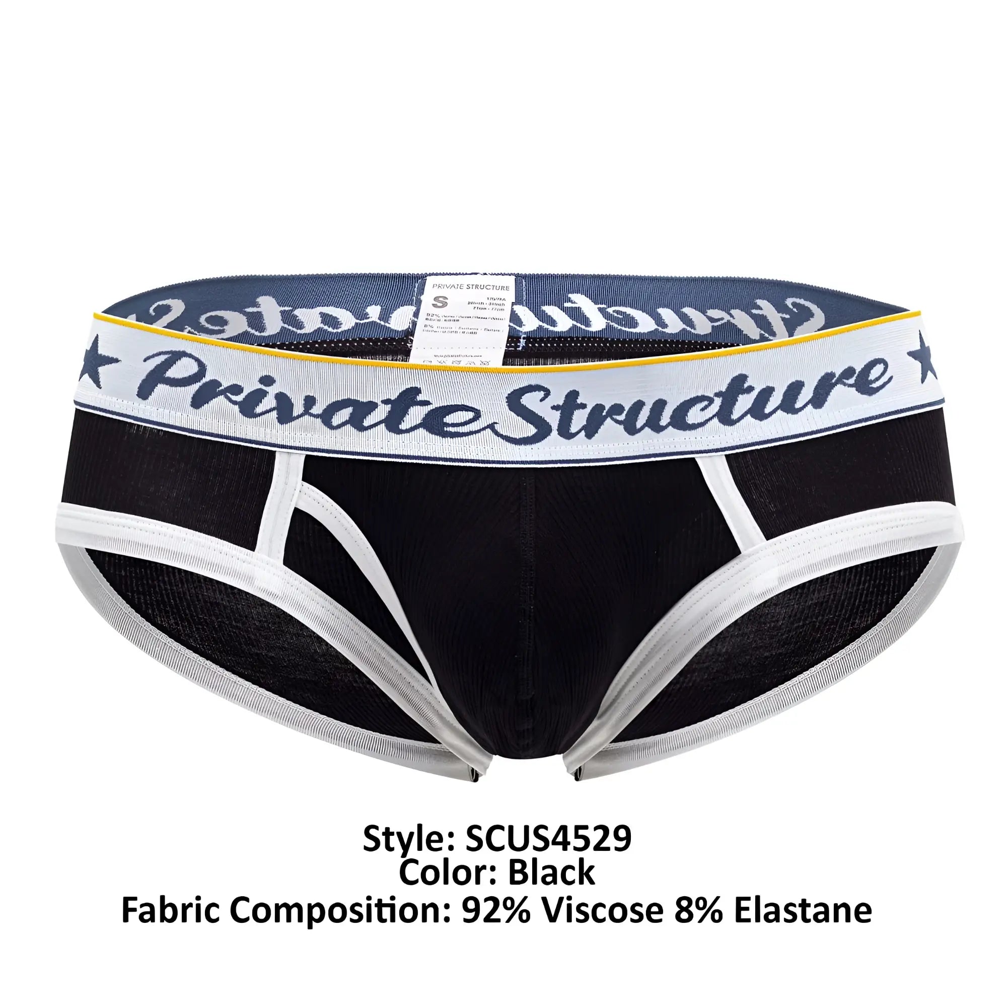 Black classic mid waist mini briefs with navy blue private structure waistband and yellow trim accents