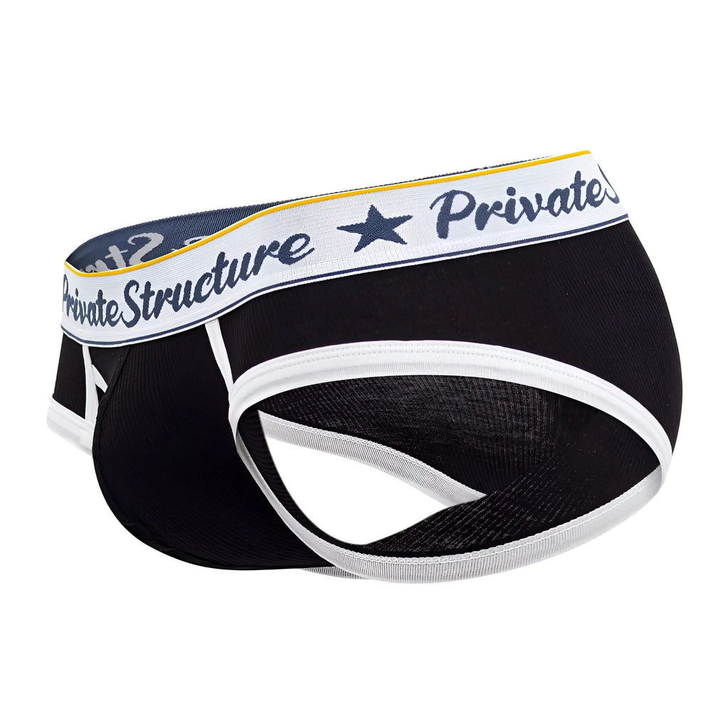 Black and white private structure mid waist mini briefs with navy waistband and yellow trim in classic style