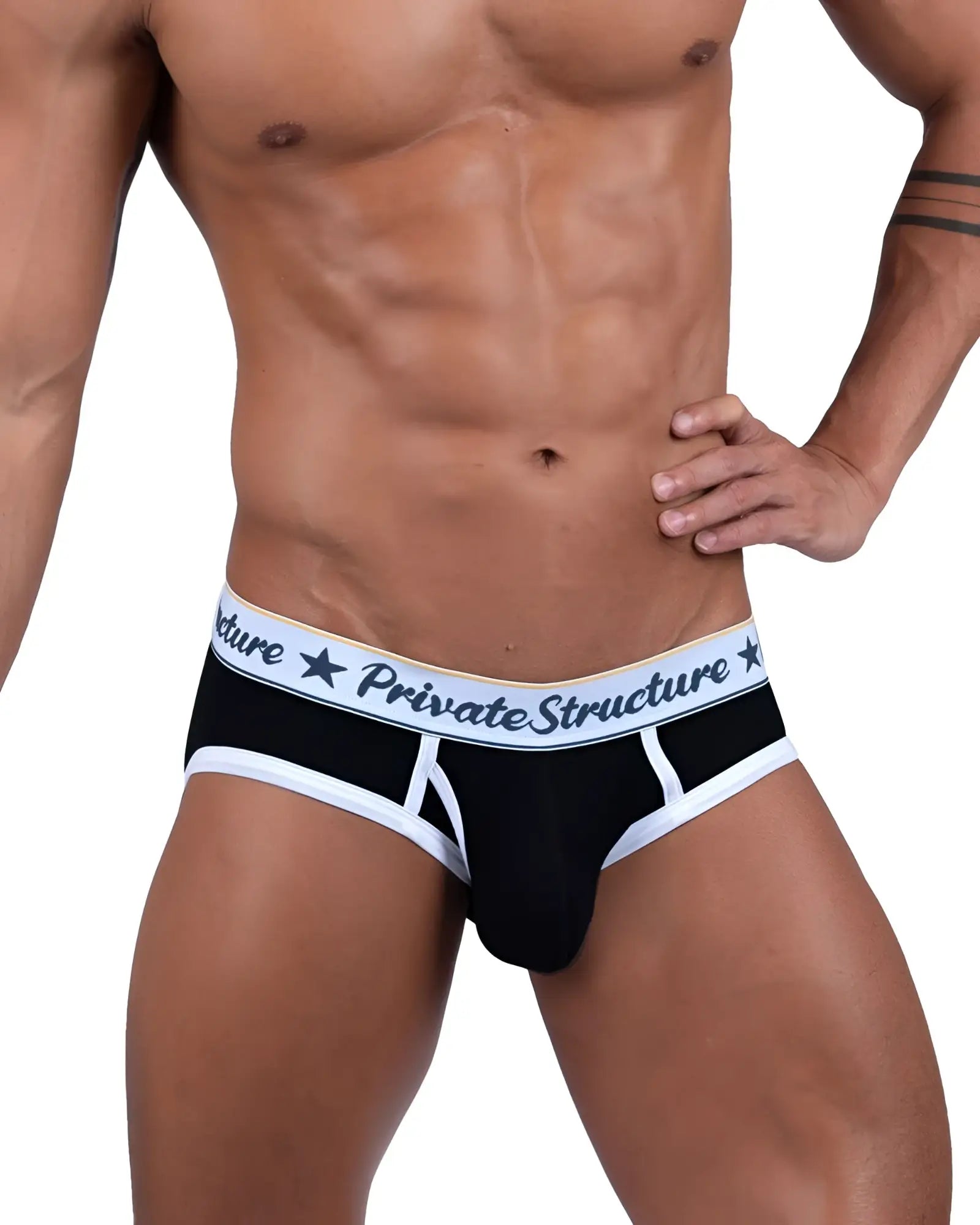 Black and white private structure classic mid waist mini briefs with branded waistband in black color