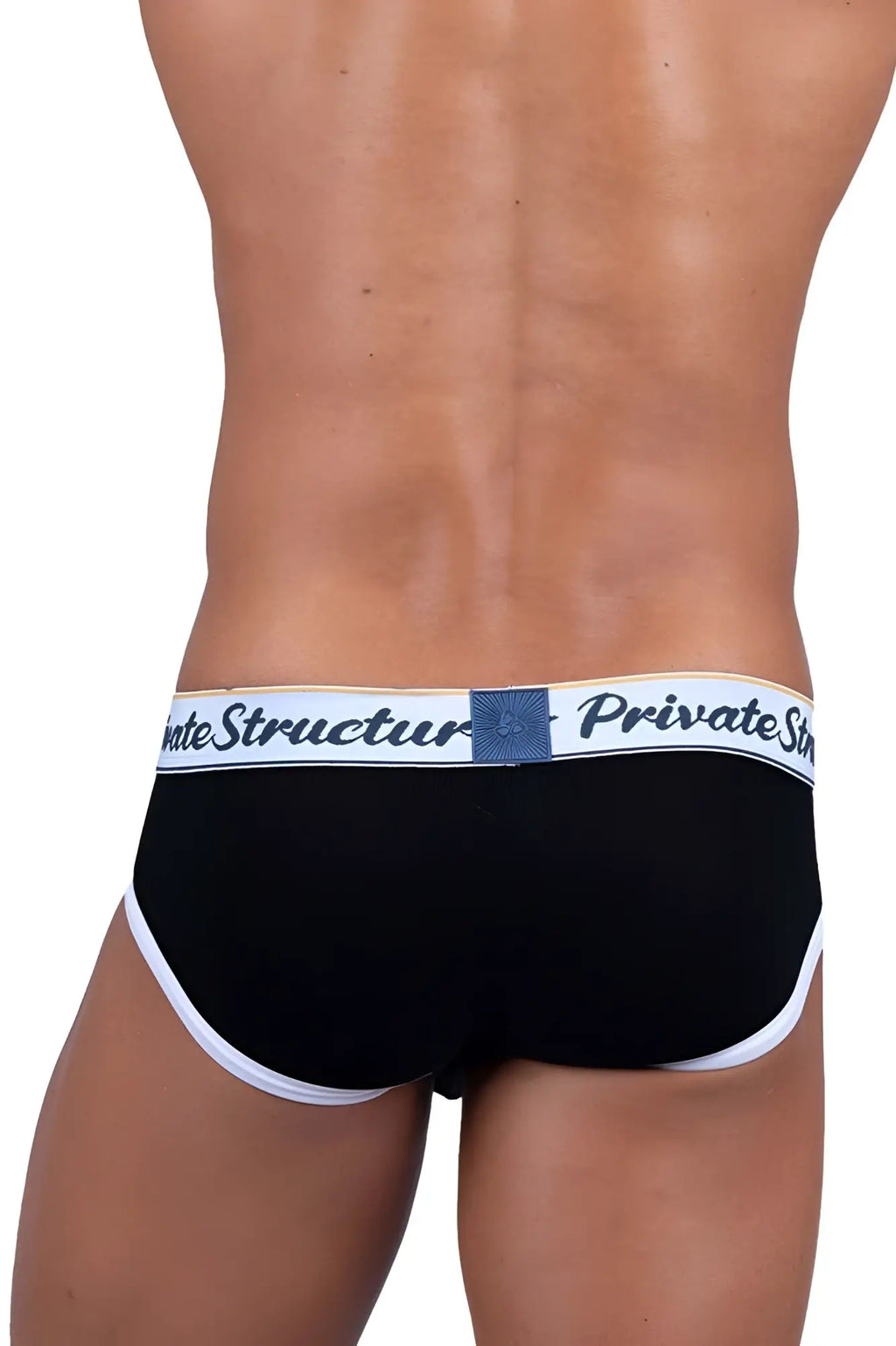 Black private structure scus4529 classic mid waist mini briefs with white trim and waistband logo in front view