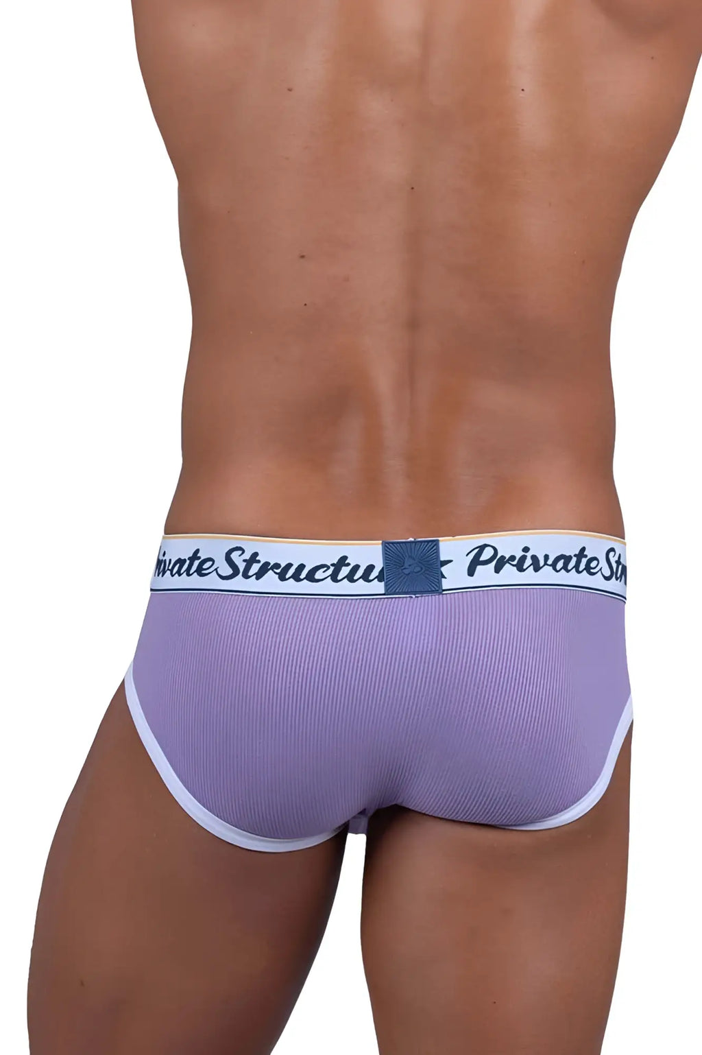 Lavender ribbed mid waist mini briefs with white trim and branded waistband by private structure