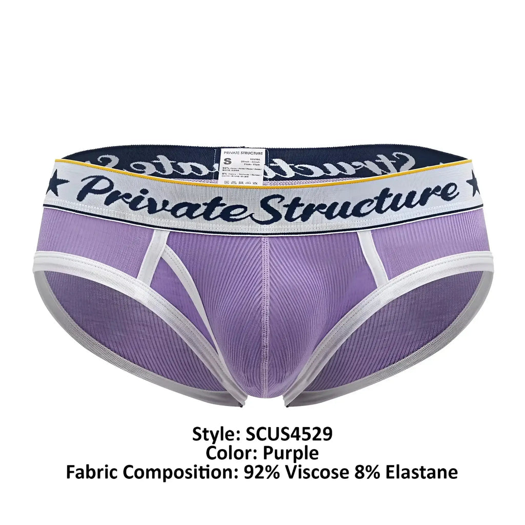 Purple private structure classic mid waist mini briefs with white and navy elastic waistband in black script