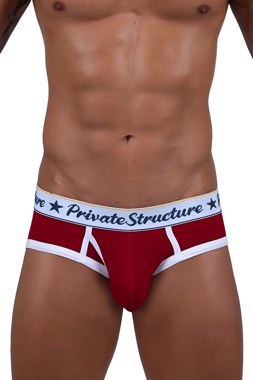 Red private structure scus4529 classic mid waist mini briefs with white trim and black star waistband lettering