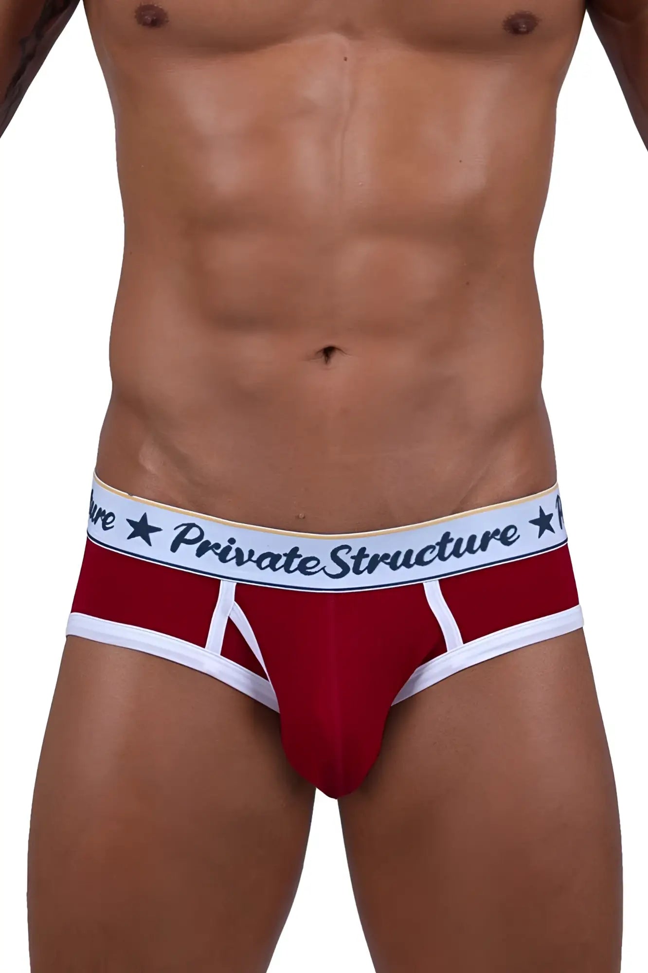 Red private structure scus4529 classic mid waist mini briefs with white trim and black star waistband lettering