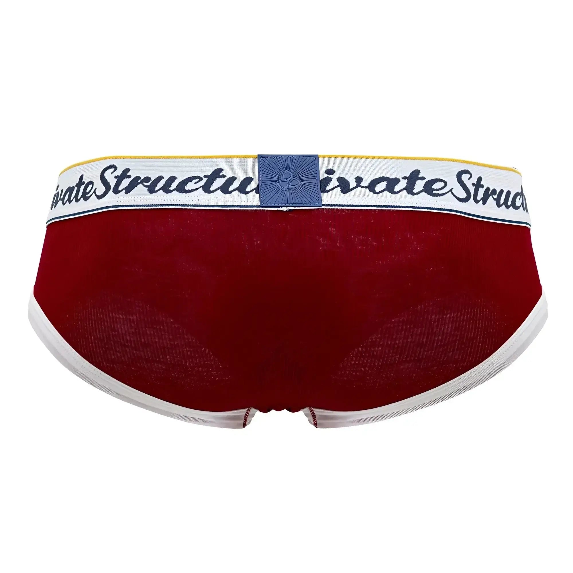 Red private structure scus4529 classic mid waist mini briefs featuring a white elastic waistband with navy logo