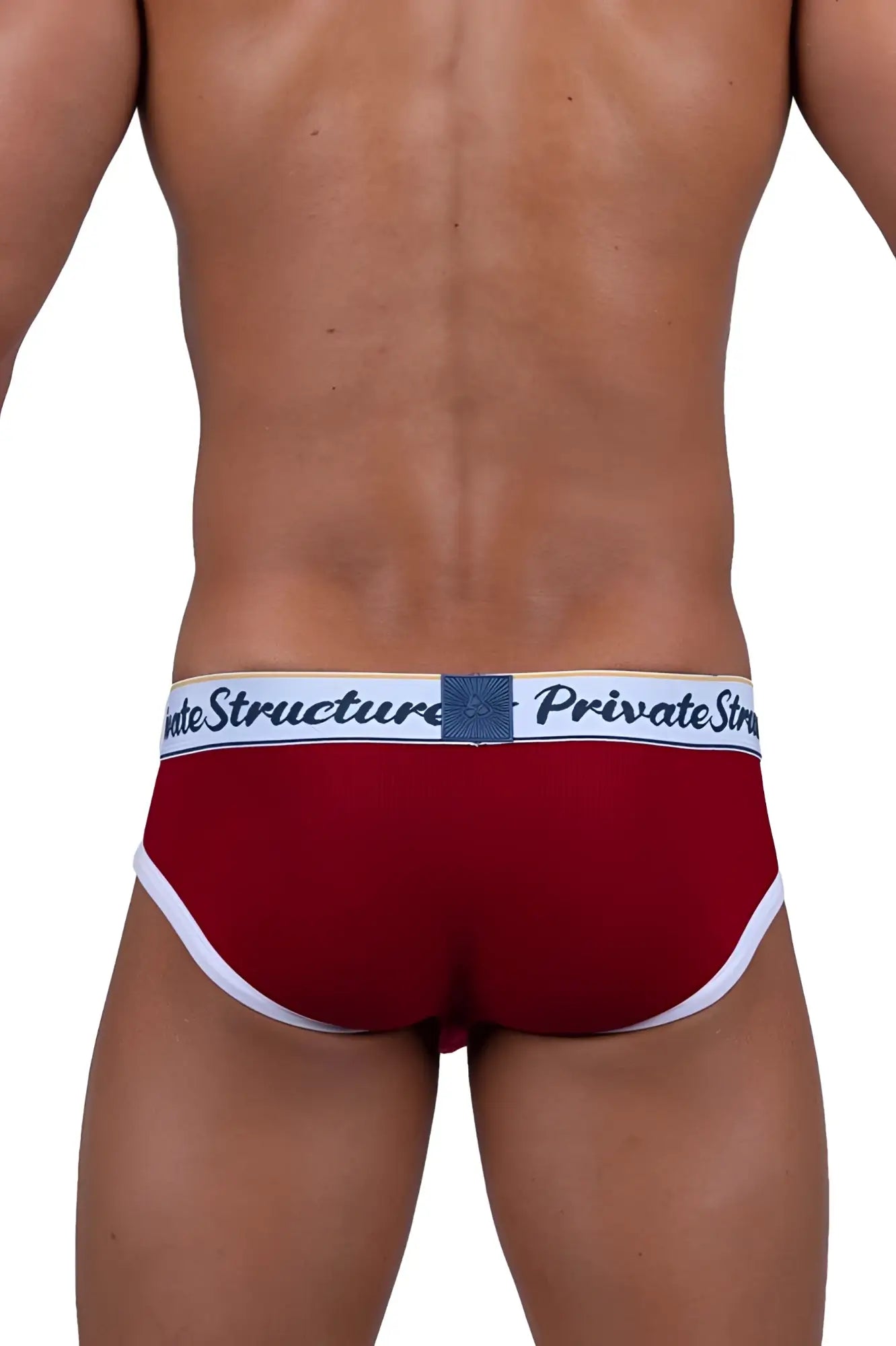 Red men’s briefs with white trim and a waistband featuring private structure in blue lettering mid waist mini briefs