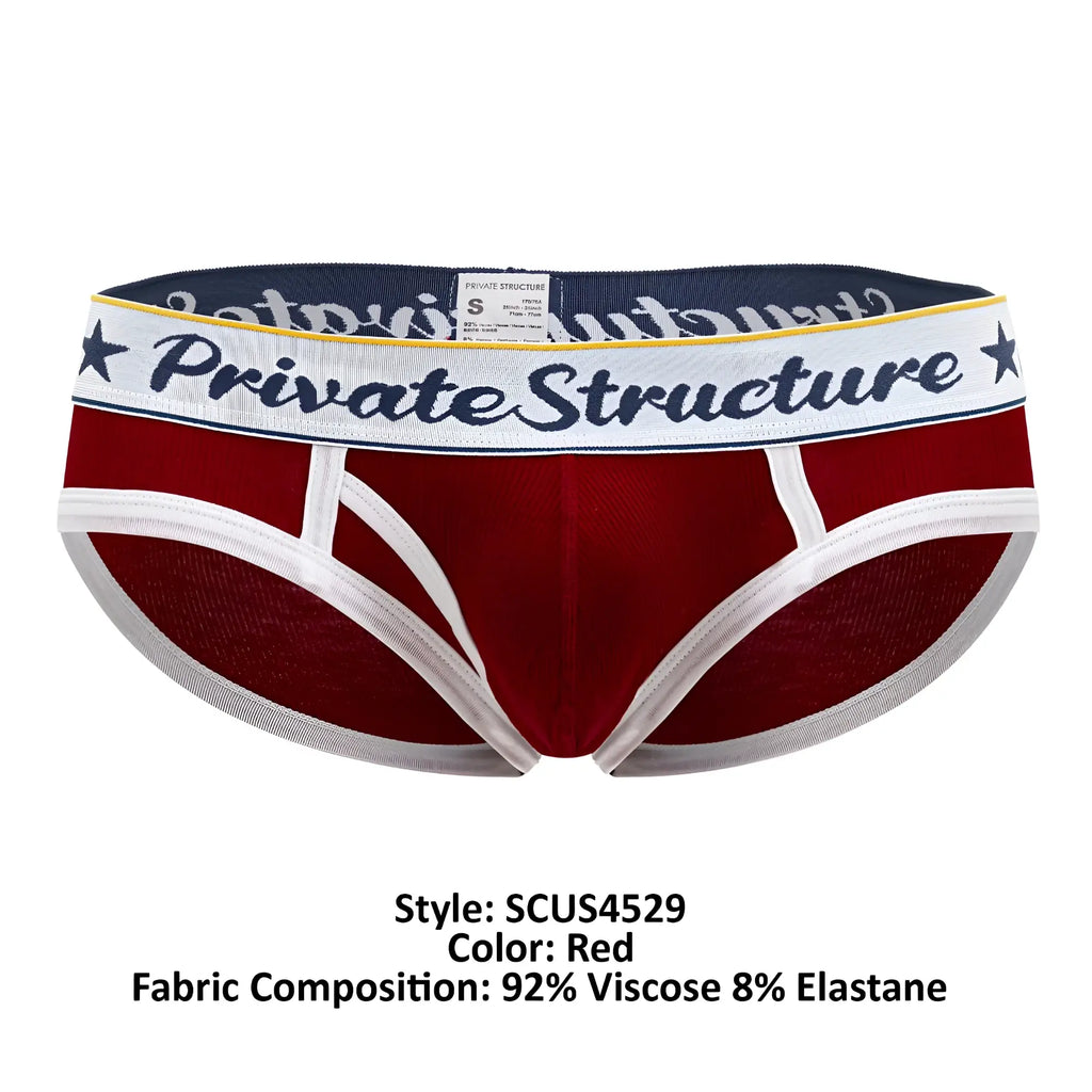 Red men’s briefs with white trim and navy blue waistband featuring private structure logo in classic mid waist design