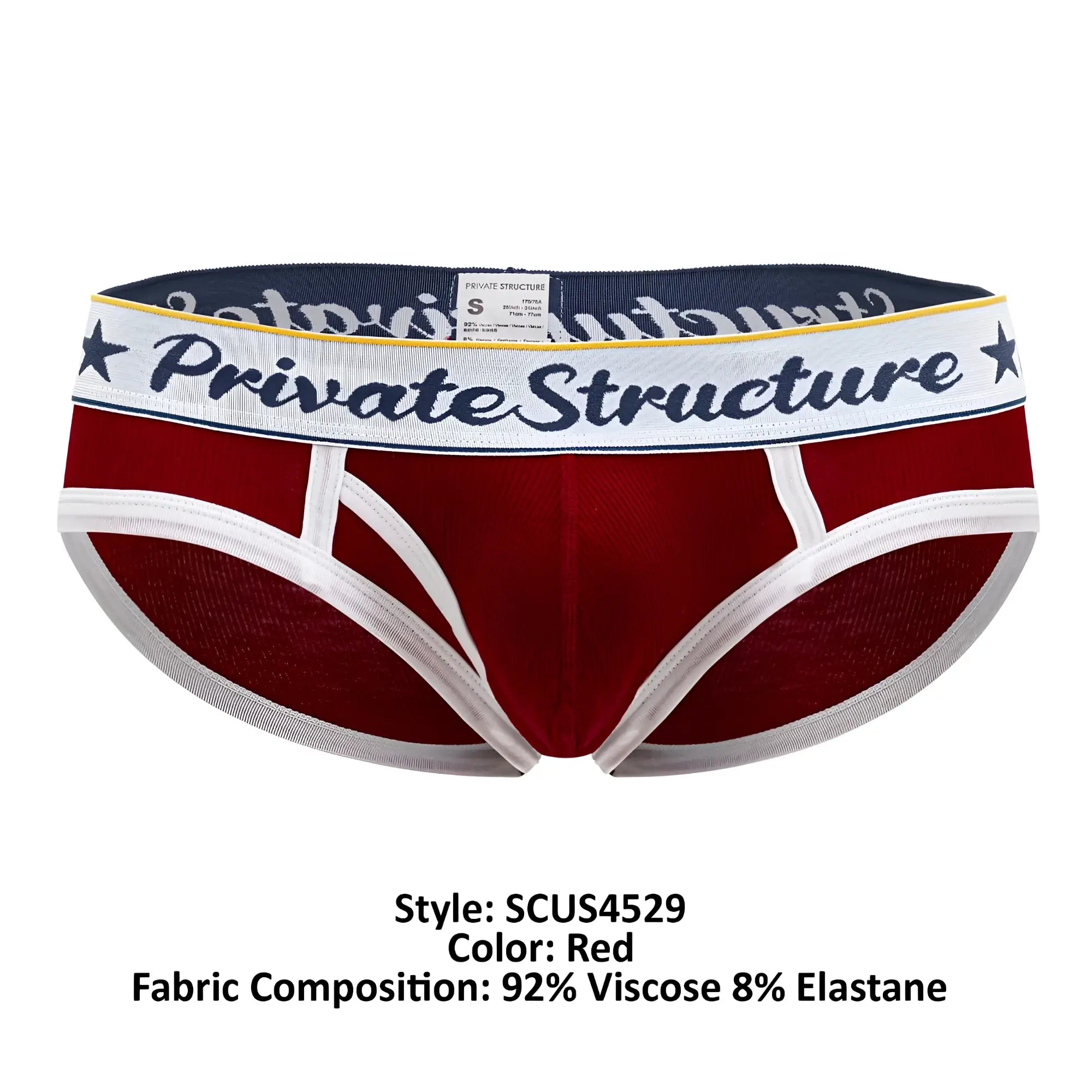 Red men’s briefs with white trim and navy blue waistband featuring private structure logo in classic mid waist design