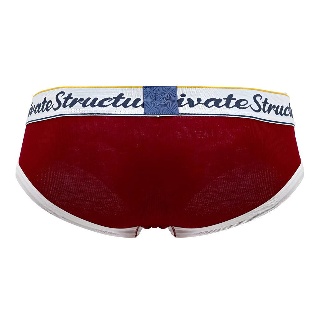 Red private structure scus4529 classic mid waist mini briefs featuring a white elastic waistband with navy logo