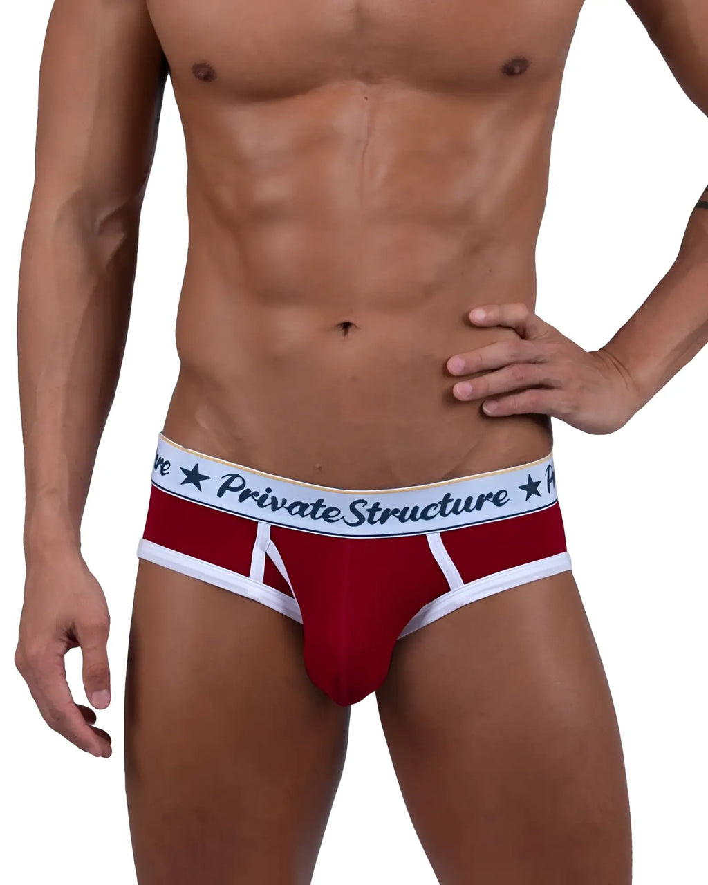 Red and white ribbed men’s briefs with private structure navy blue waistband branded mid waist mini briefs