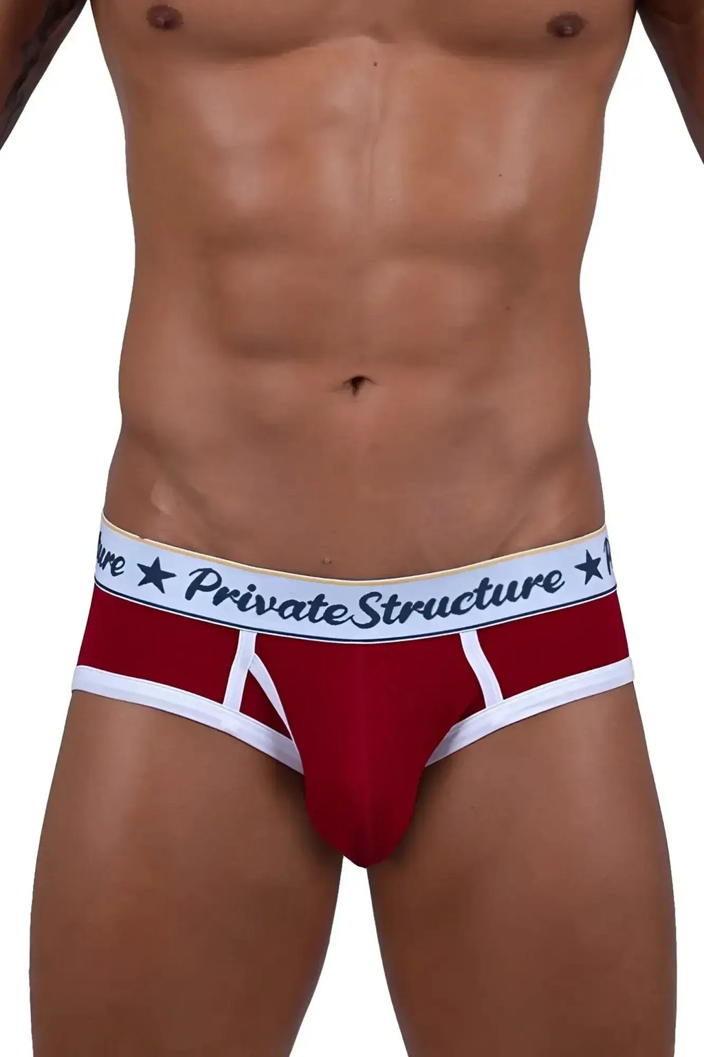 Red private structure scus4529 classic mid waist mini briefs with white trim and black star waistband lettering