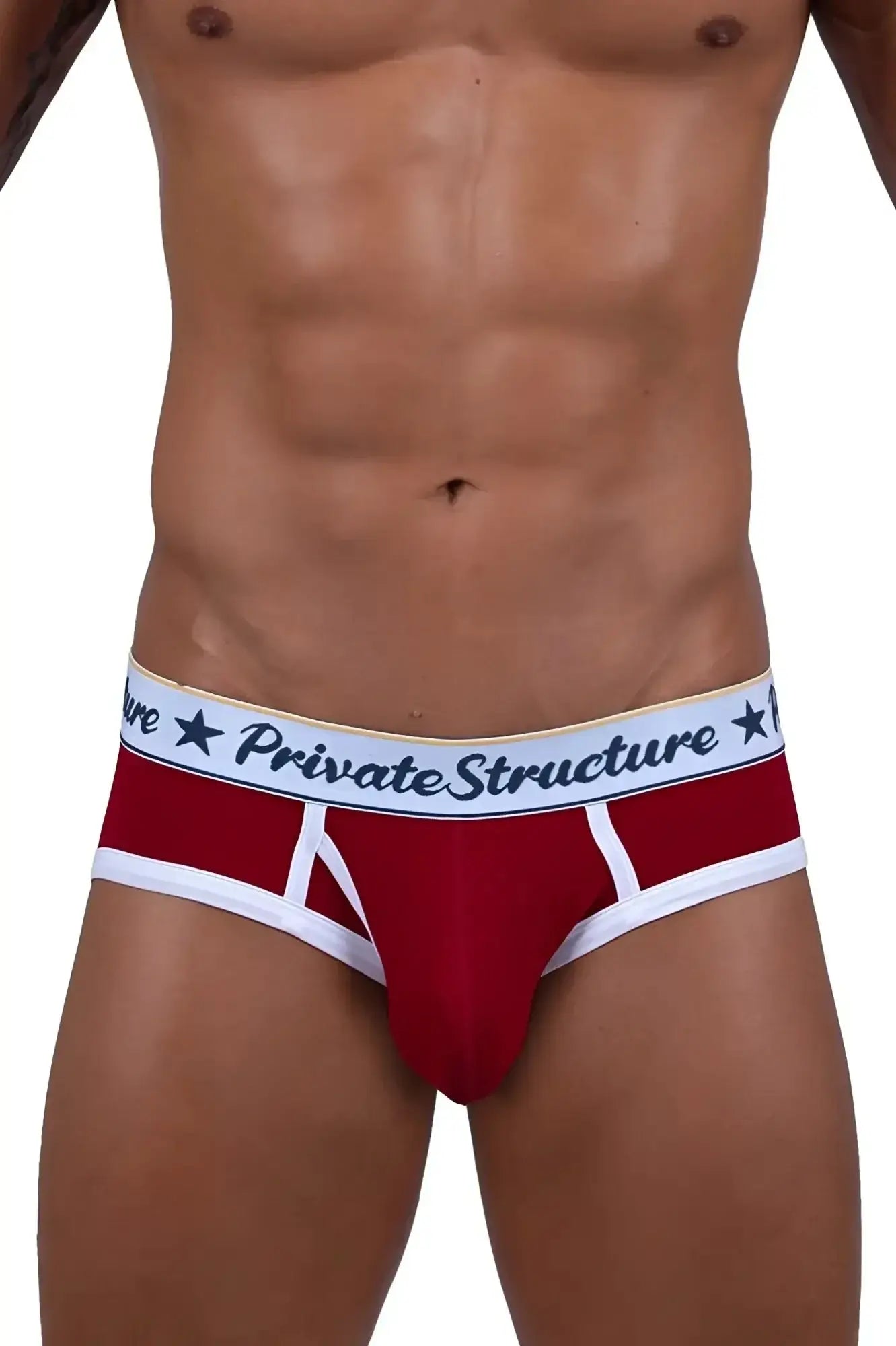 Red private structure scus4529 classic mid waist mini briefs with white trim and black star waistband lettering
