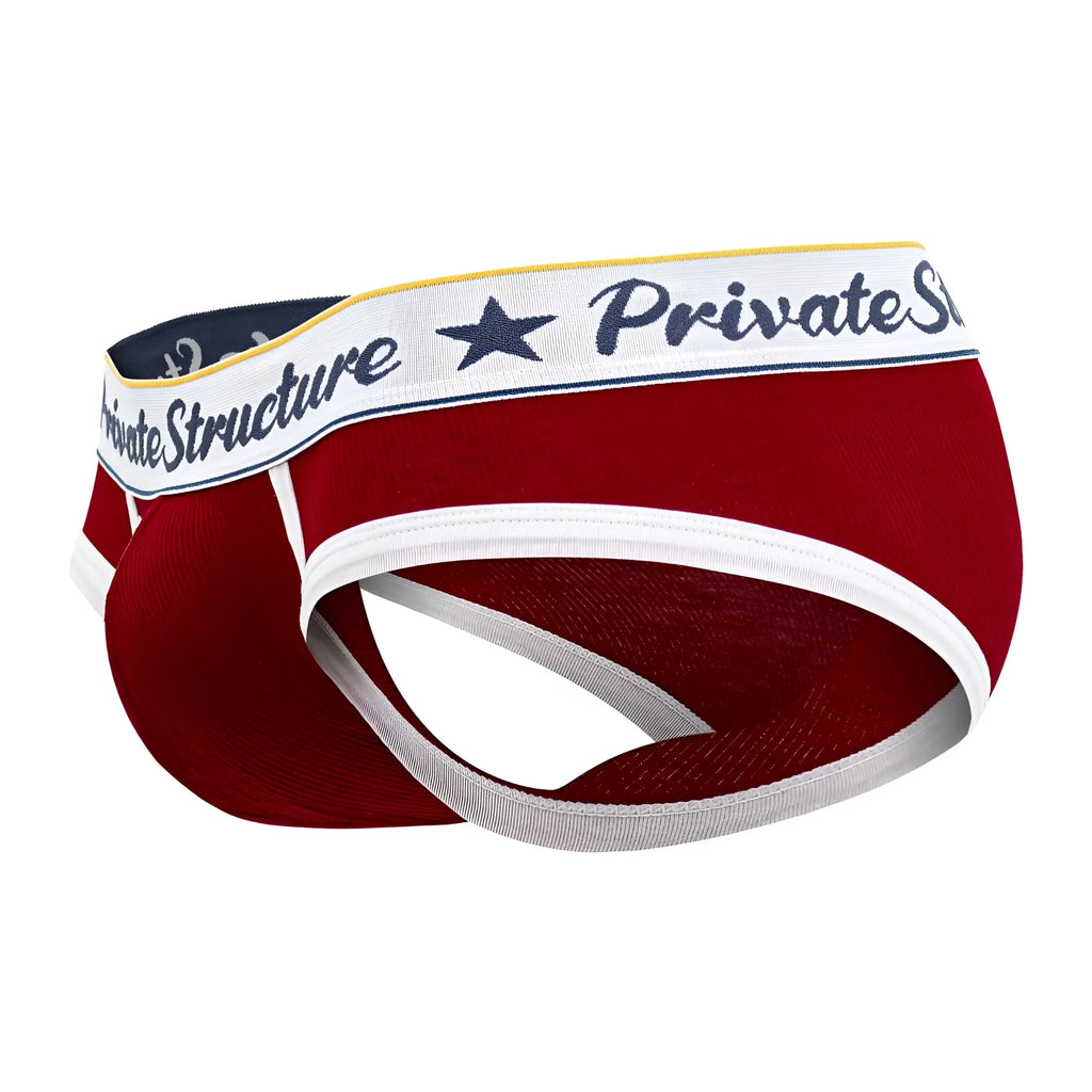 Red and white private structure classic mid waist mini briefs with navy blue star logo on waistband in black script