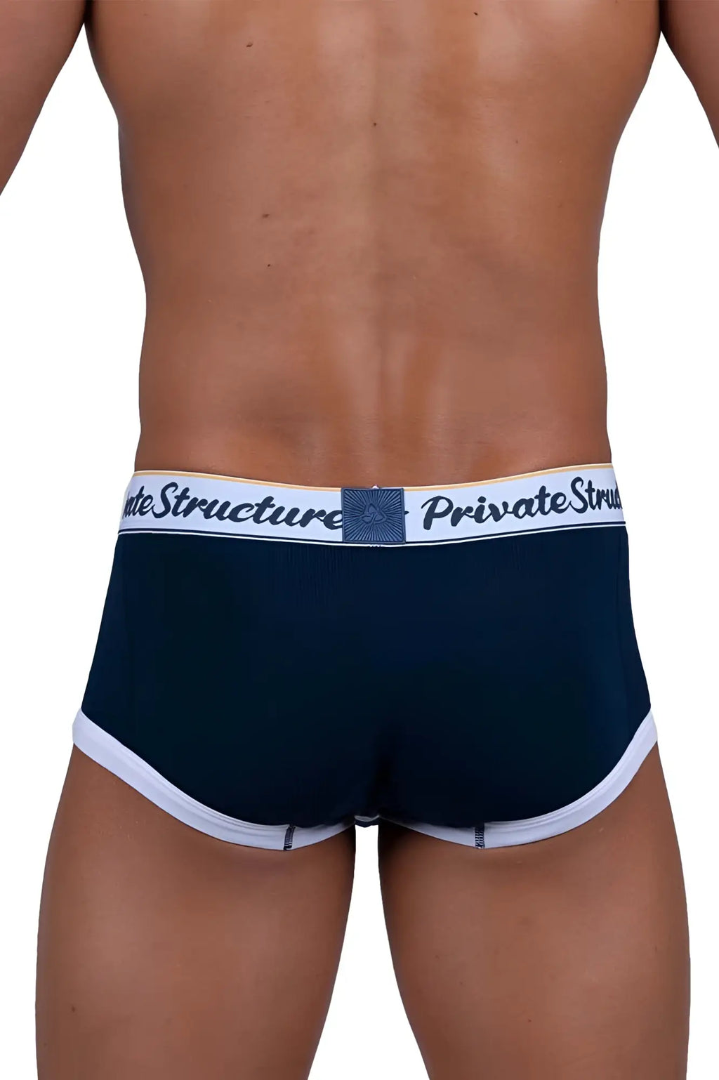 Navy blue private structure classic mid waist men’s briefs with white trim and branded waistband in cotton blend