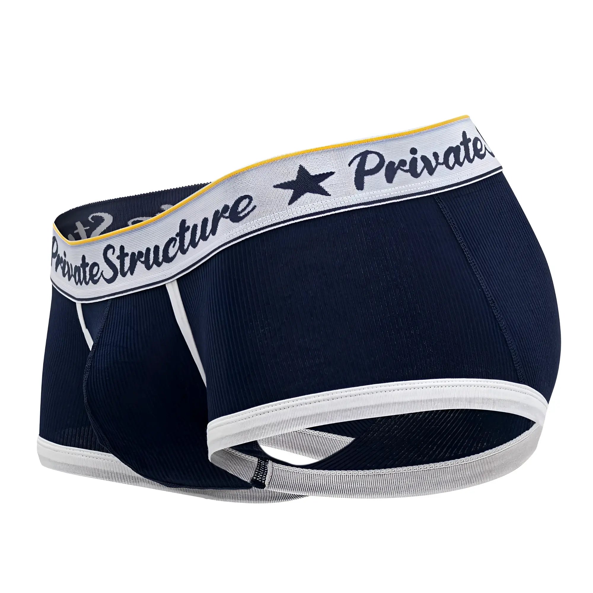 Navy blue private structure classic mid waist trunks with white and yellow trim and gray waistband in black script
