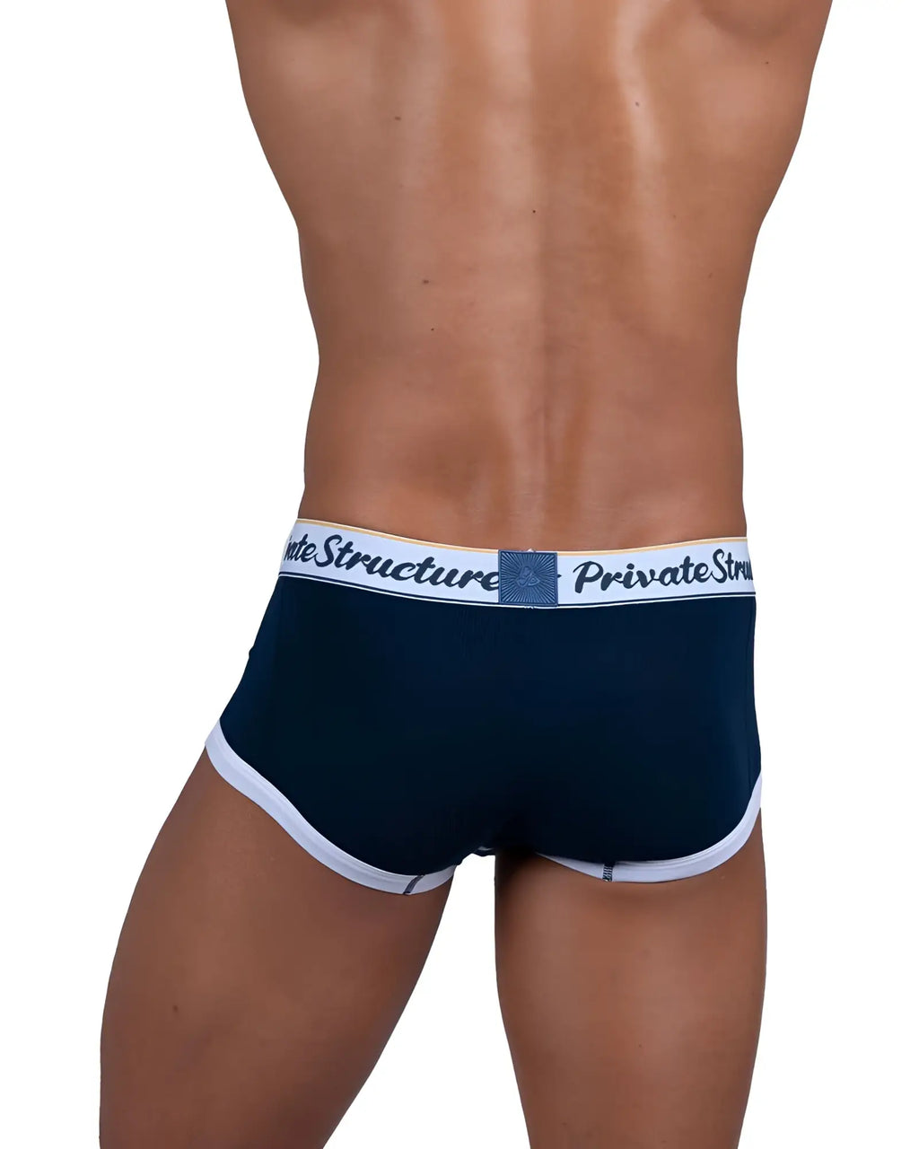 Navy blue private structure classic mid waist trunks with white trim and branded waistband for men