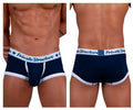 Navy blue and white Private Structure classic mid waist men’s briefs with branded waistband in cotton blend material