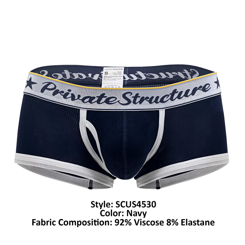 Navy blue men’s briefs with a white and gray elastic waistband featuring private structure logo and yellow trim