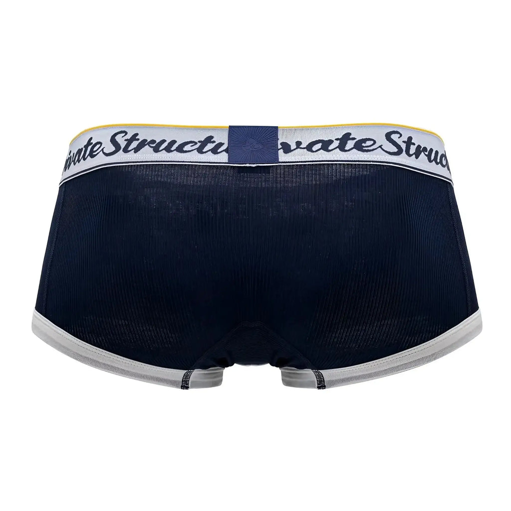 Navy classic mid waist trunks with textured fabric white waistband and black script logo by Private Structure