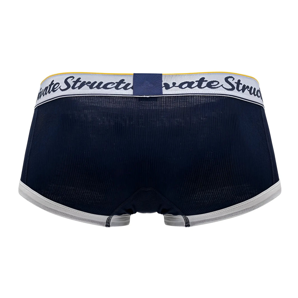 Navy classic mid waist trunks with textured fabric white waistband and black script logo by Private Structure