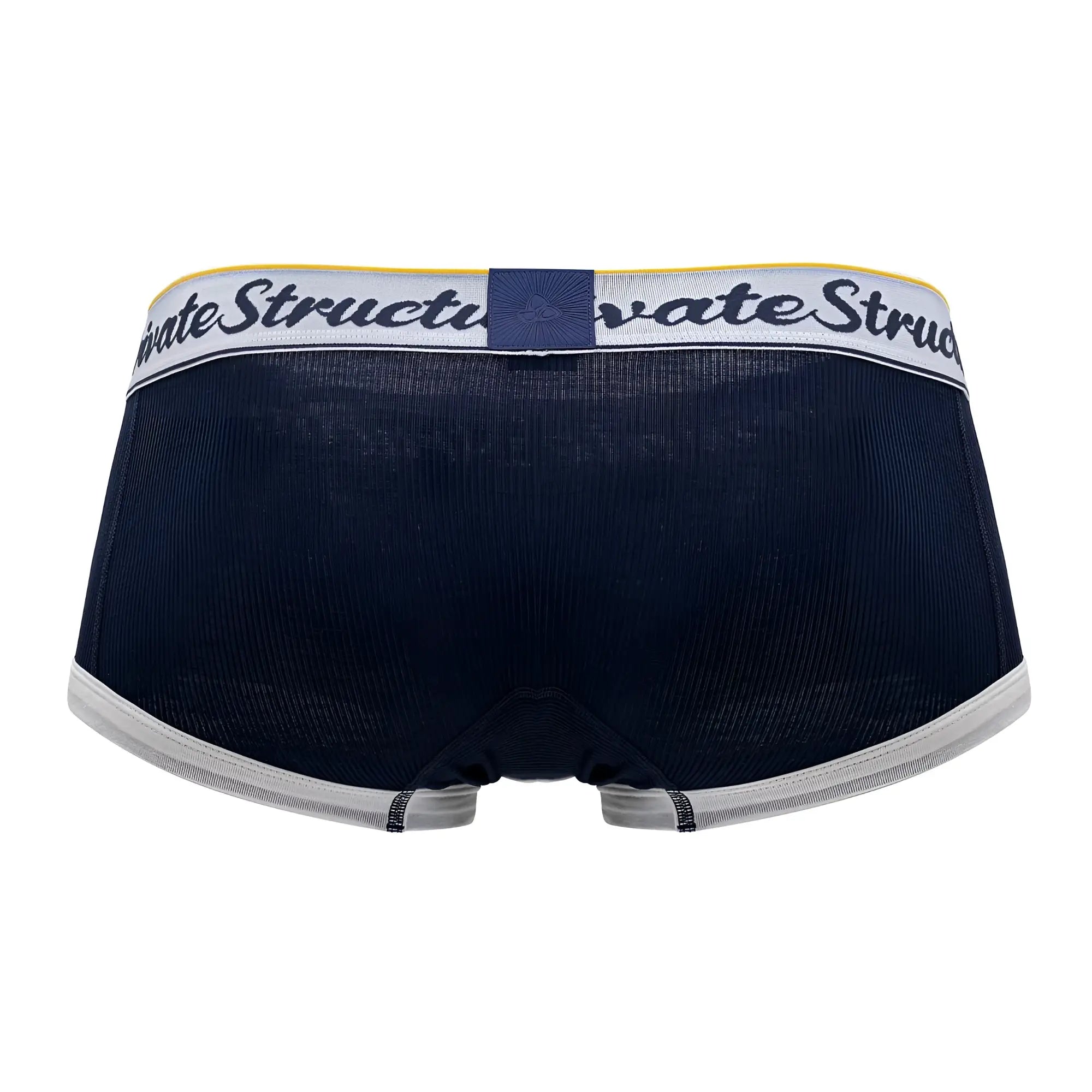 Navy classic mid waist trunks with textured fabric white waistband and black script logo by Private Structure